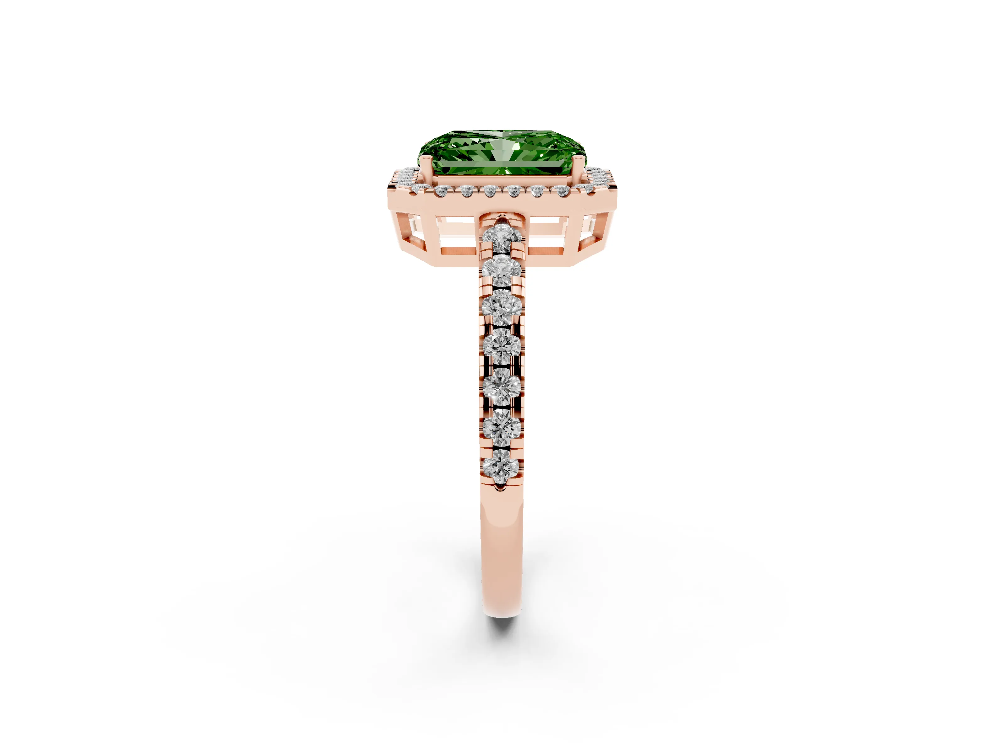 Fancy Green Radiant Cut Diamond Halo Ring Set in Rose gold with Delicate Pavé Band and Prong Setting
