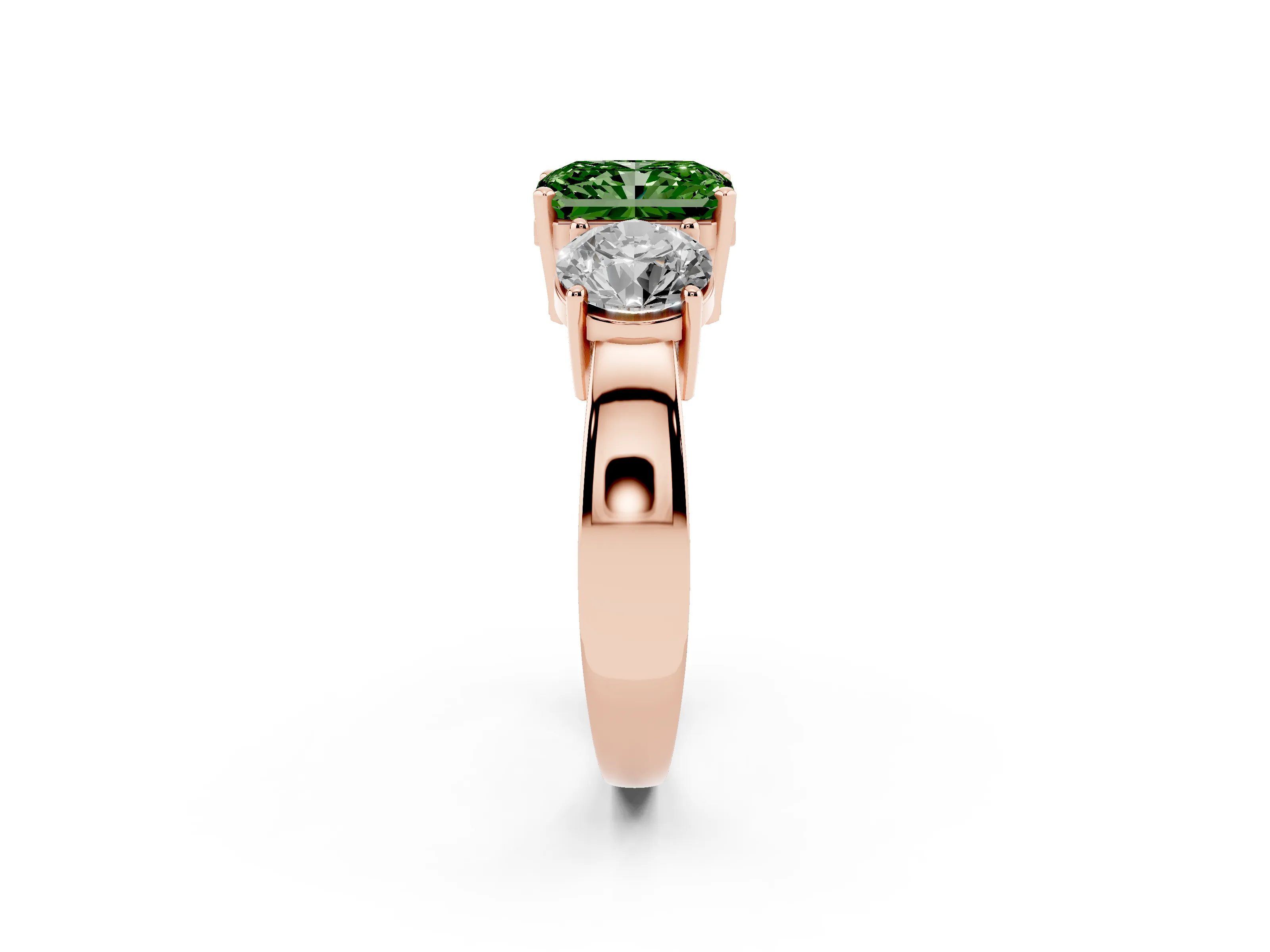 Fancy Green Radiant Cut Diamond Three-Stone Ring Set in Rose gold with Round Side Stones and Classic Band