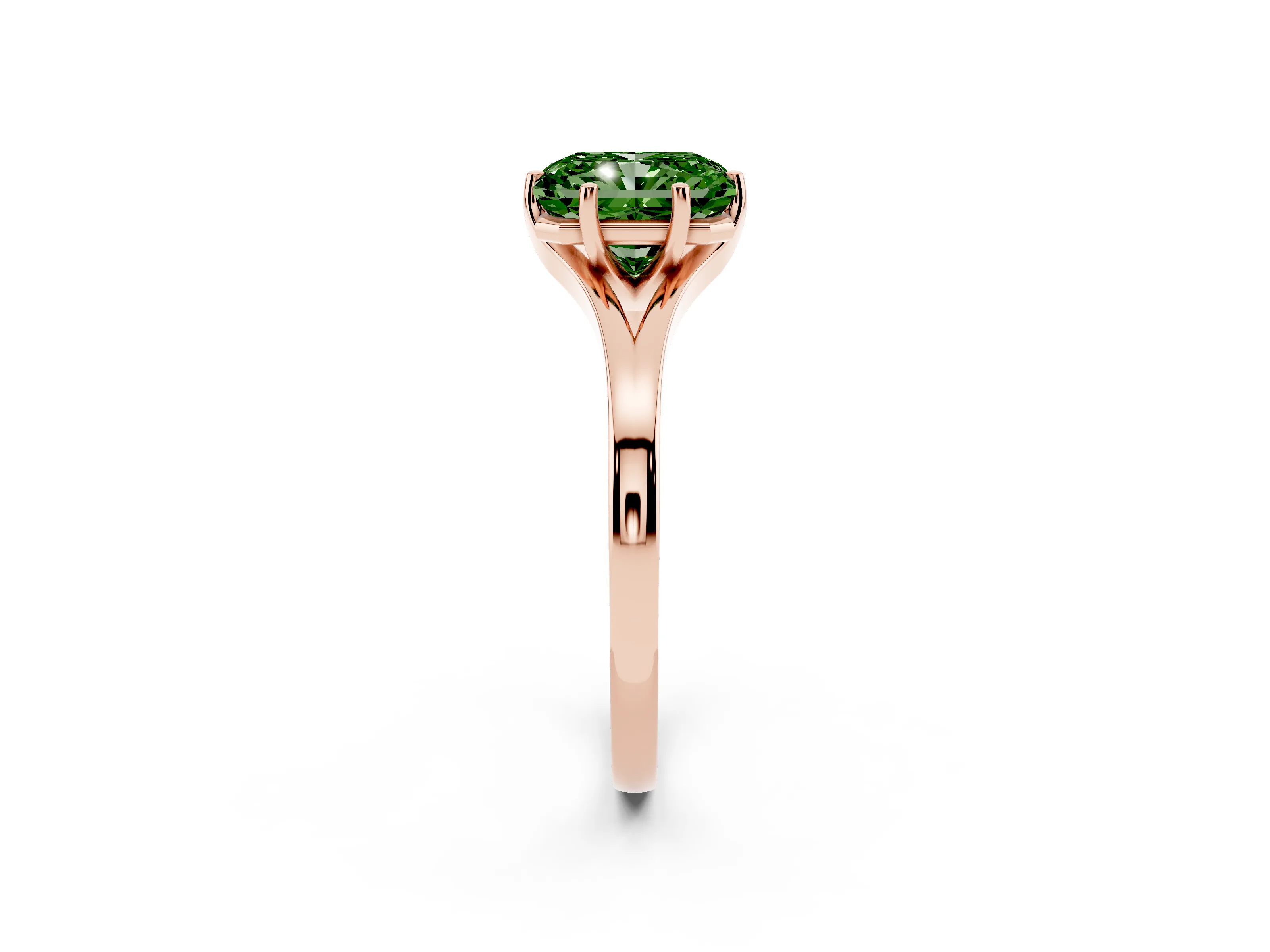 Fancy Green Radiant Cut Diamond Solitaire Ring Set in Rose gold with Polished Tapered Band and Prong Setting