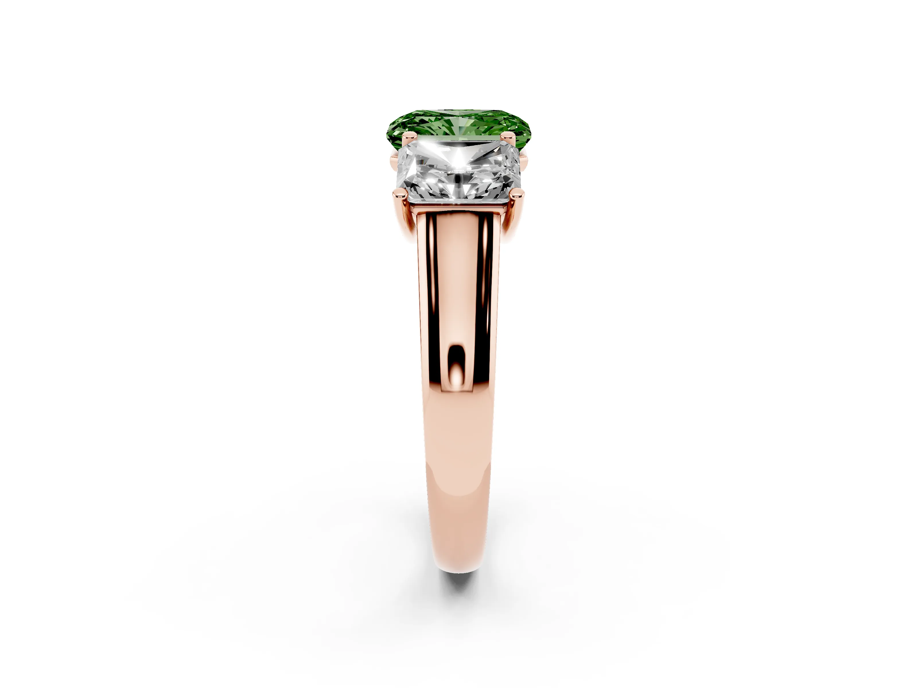 Fancy Green Radiant Cut Diamond Three-Stone Ring Set in Rose gold with Plain Polished Band