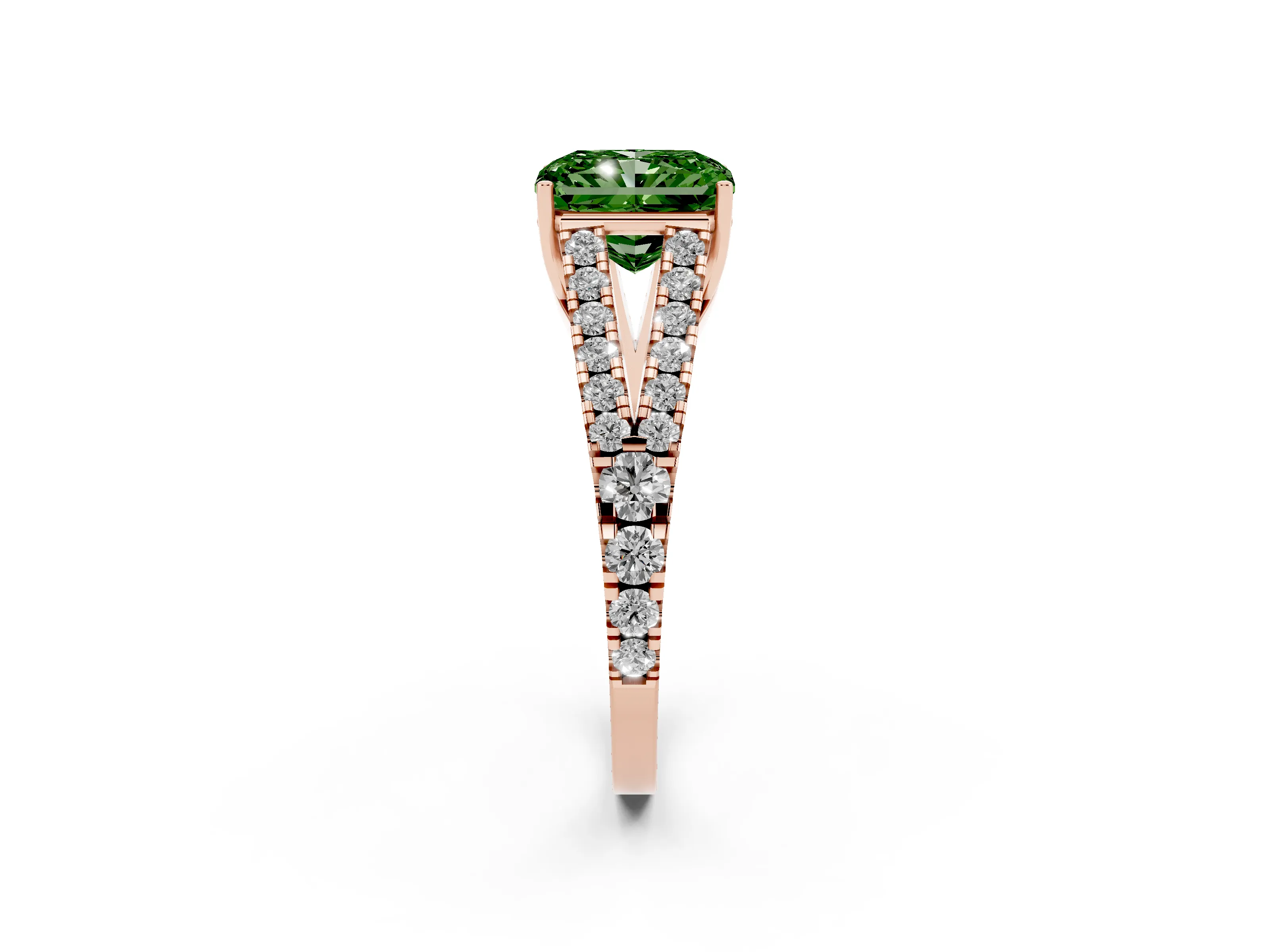 Fancy Green Radiant Cut Diamond Split Shank Pavé Engagement Ring Set in Rose gold with Prong-Held Center Stone
