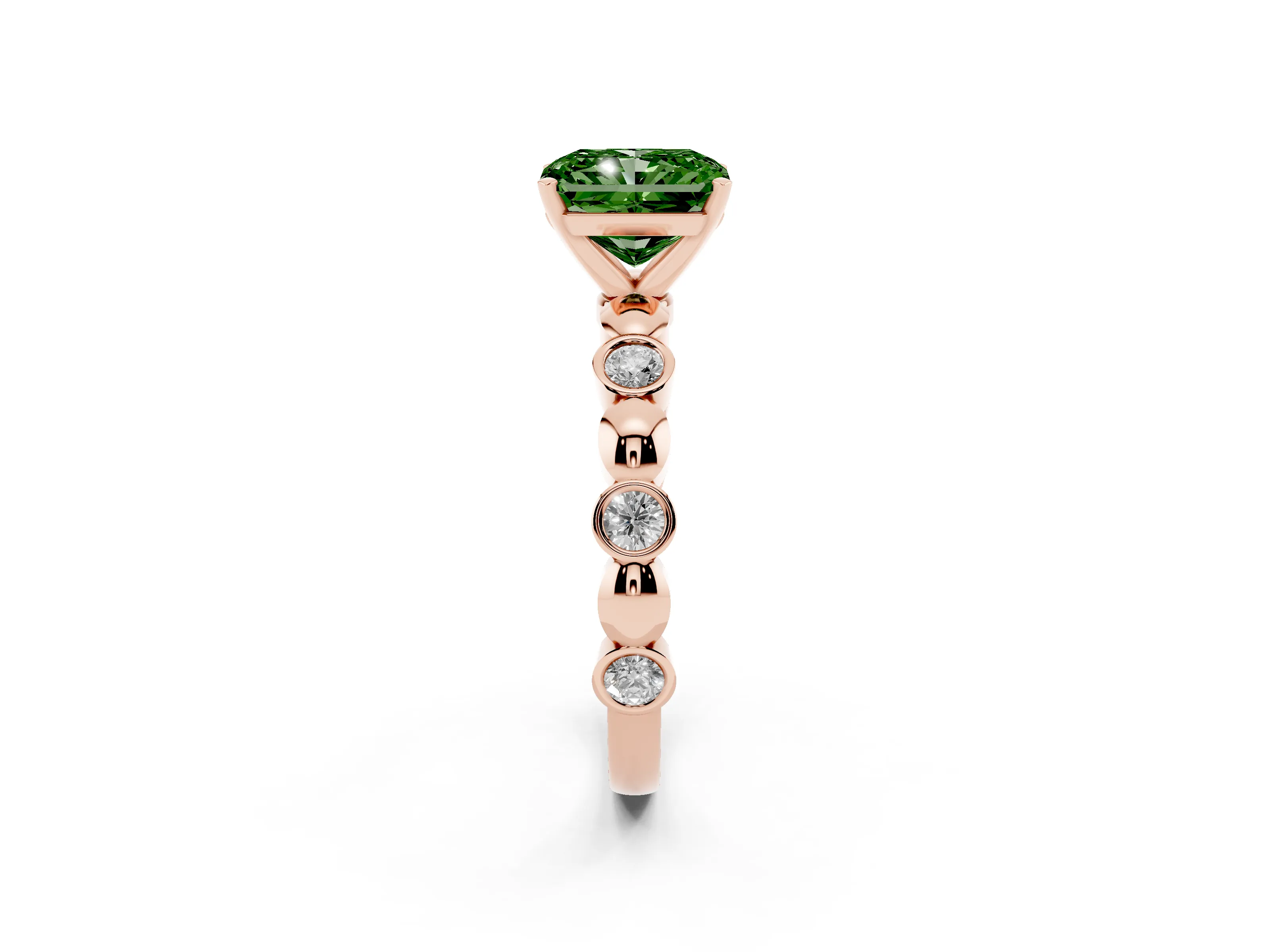 Fancy Green Radiant Cut Diamond Solitaire Ring Set in Rose gold with Bezel-Set Accents on Beaded Band and Prong Setting