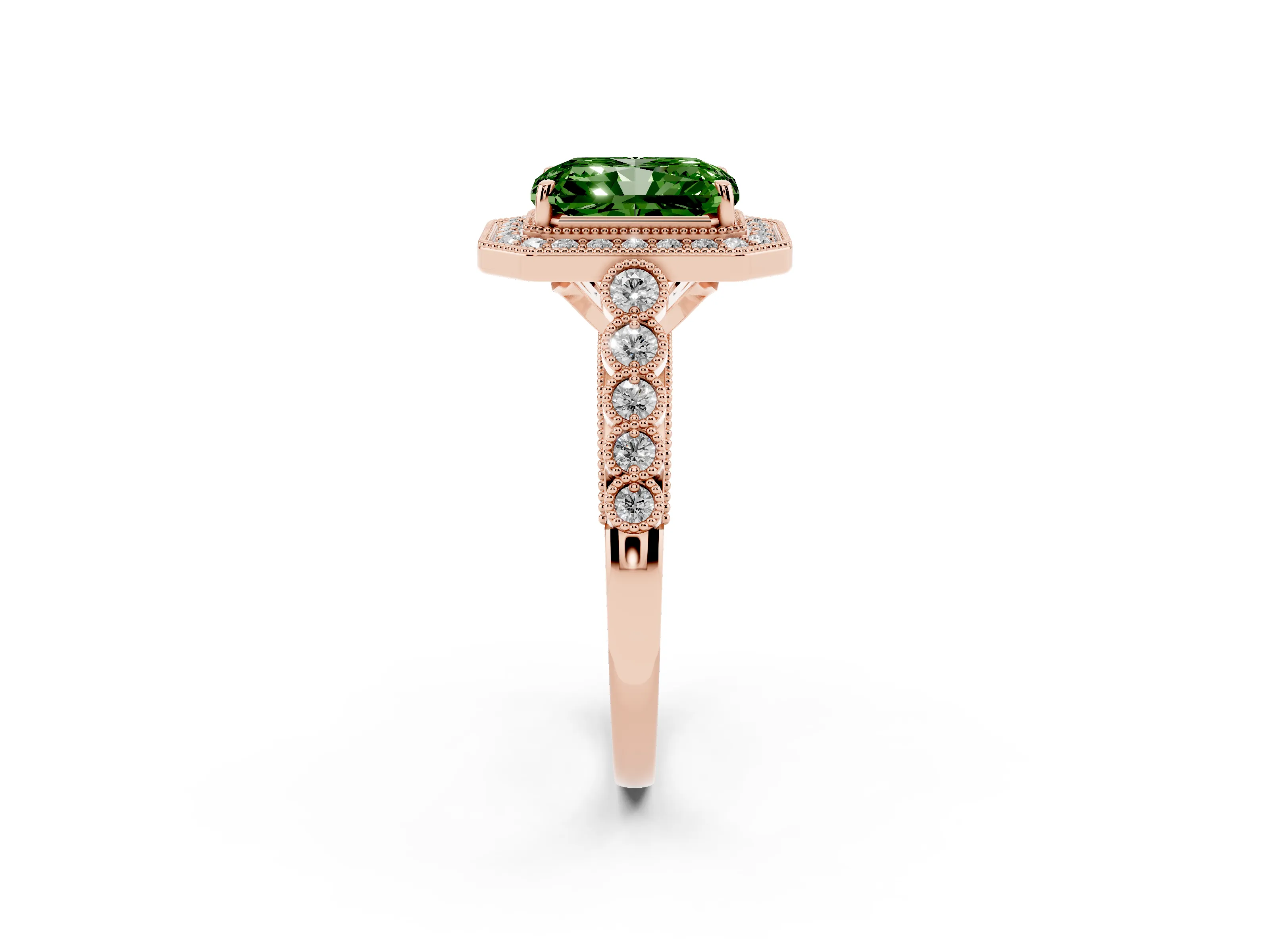 Fancy Green Radiant Cut Diamond Milgrain Halo Solitaire Ring Set in Rose gold with Bezel Set Side Stones and Pavé Band