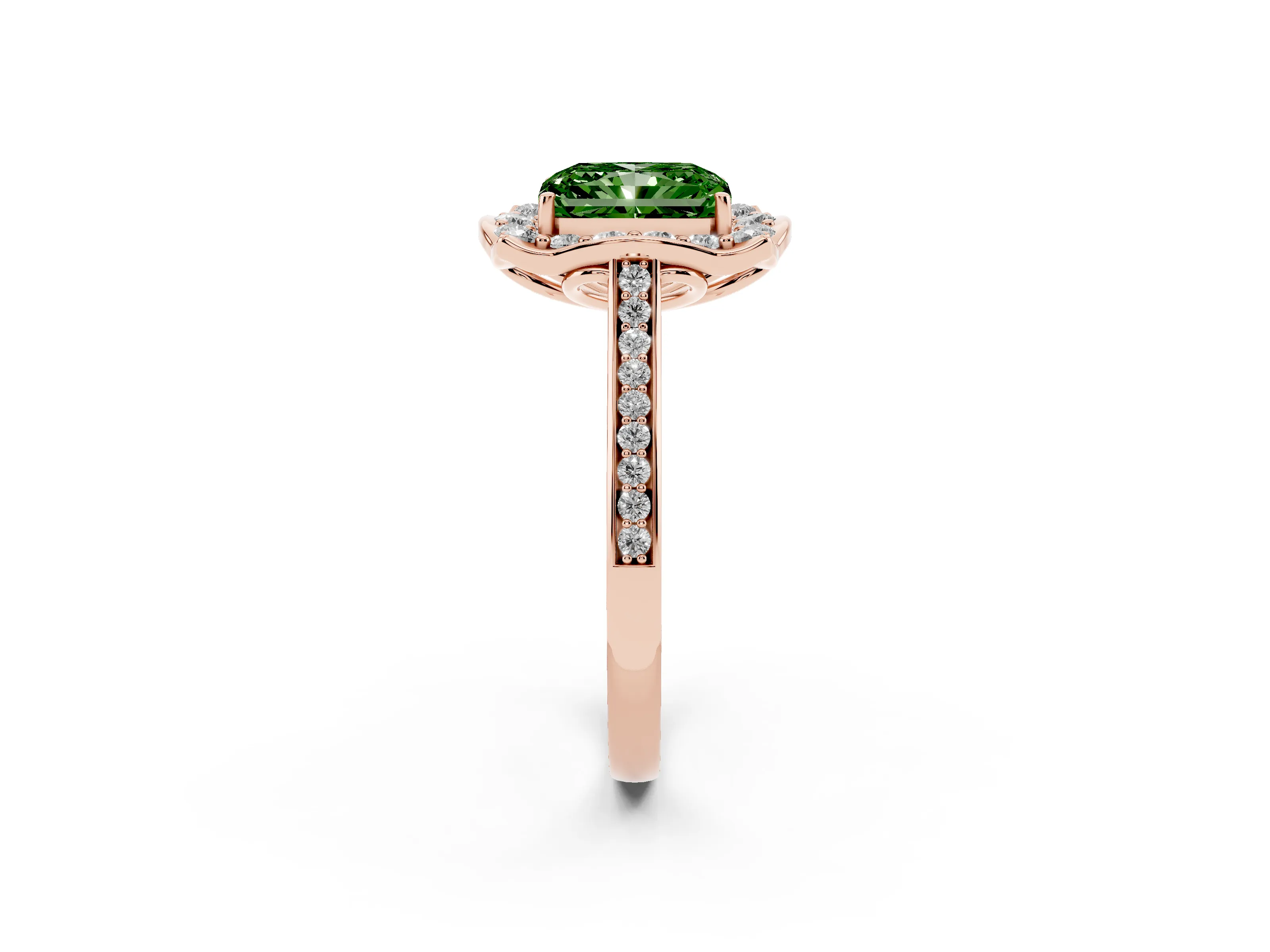 Fancy Green Radiant Cut Diamond Halo Ring Set in Rose gold with Pavé-Lined Shoulders and Prong Setting