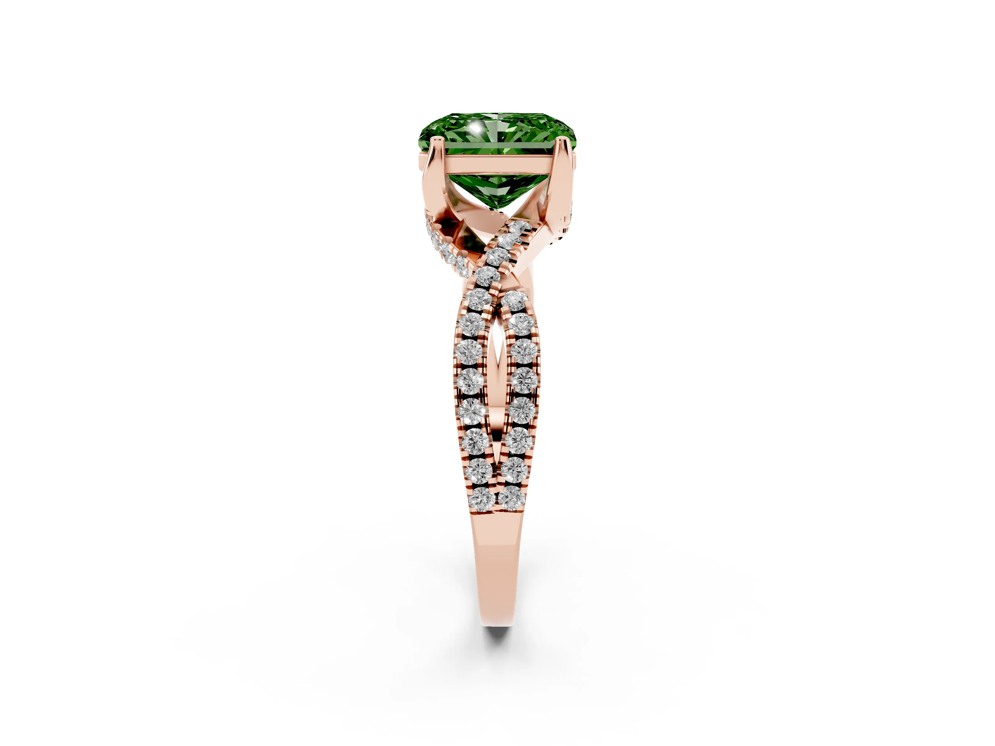 Fancy Green Radiant Cut Diamond Twist Pavé Solitaire Engagement Ring Set in Rose gold with Prong Setting