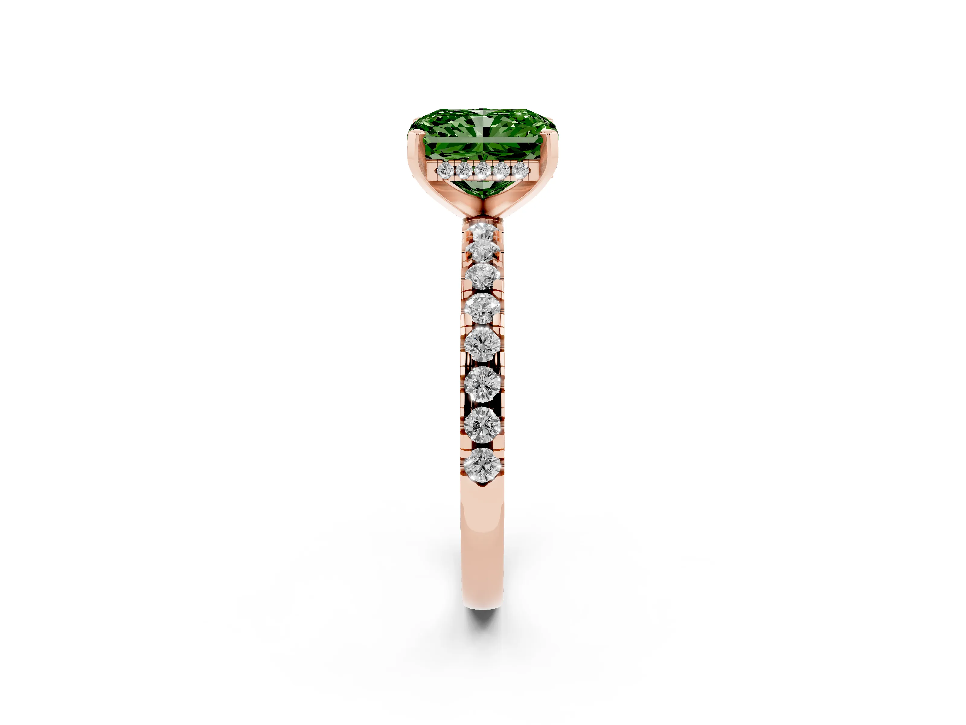 Fancy Green Radiant Cut Diamond Pavé Solitaire Ring Set in Rose gold with Round Band Accents and Prong Setting