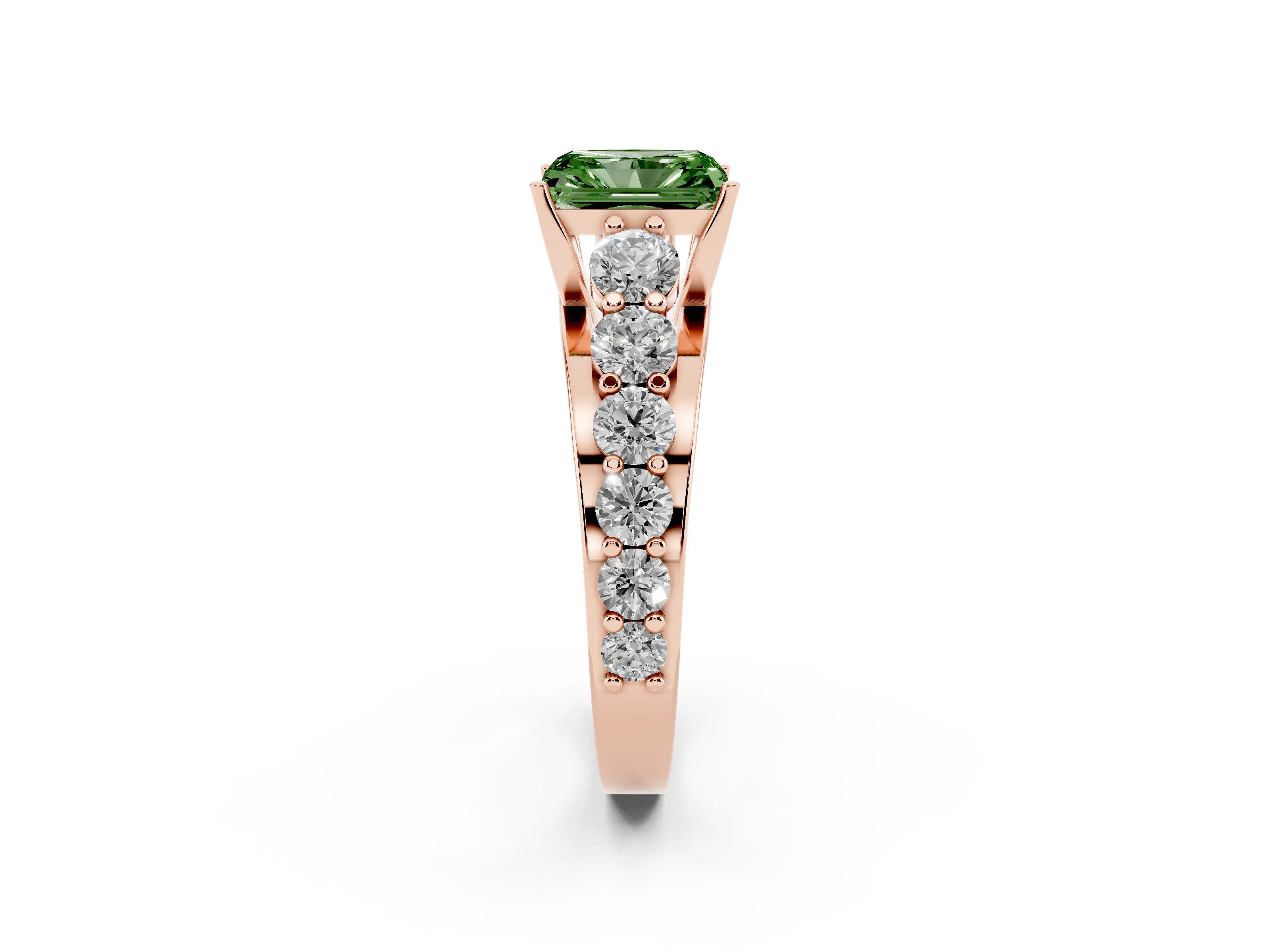 Fancy Green Radiant Cut Diamond Pavé Engagement Ring Set in Rose gold with Prong Setting