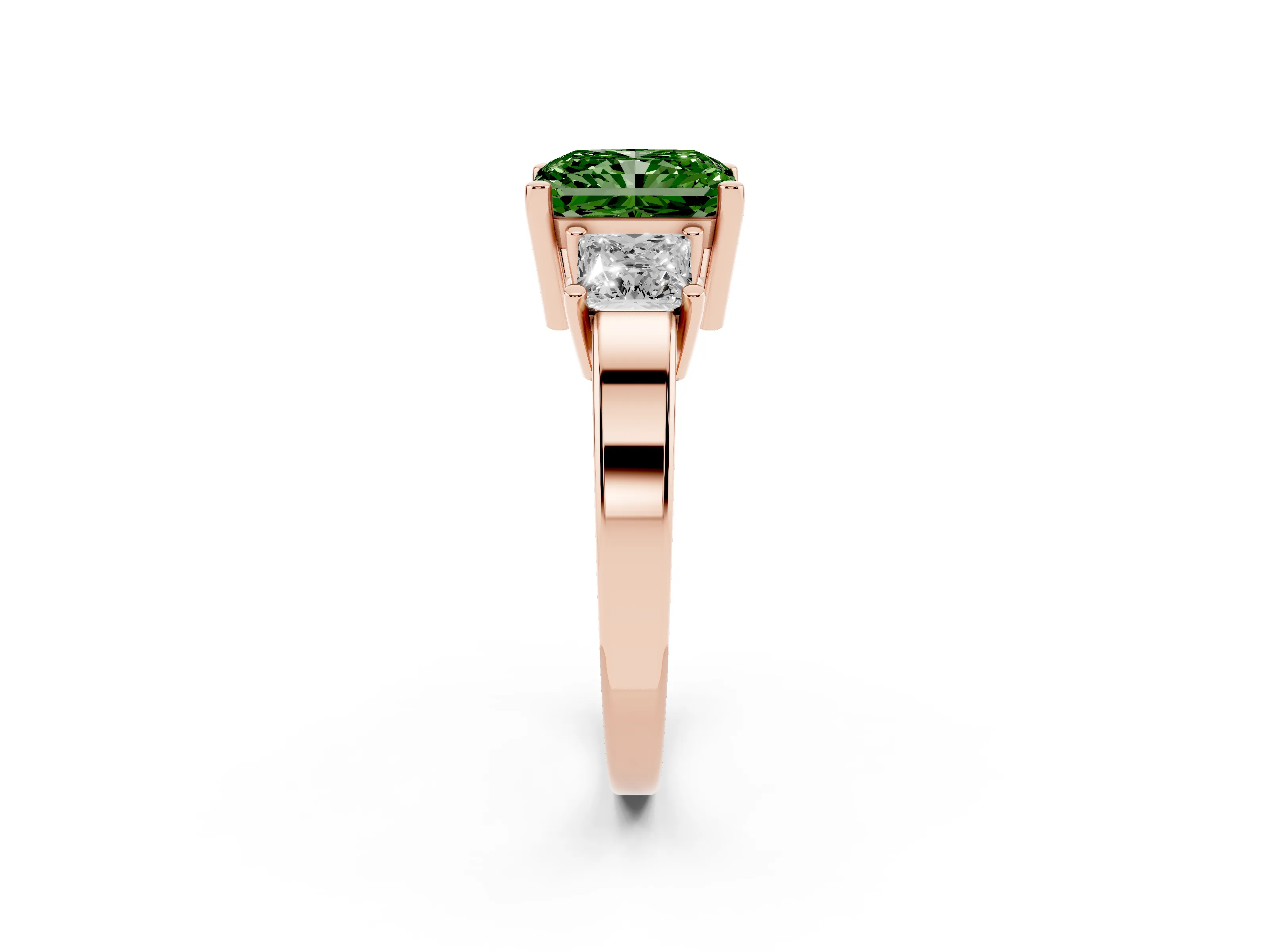 Fancy Green Three-Stone Radiant Cut Diamond Solitaire Ring Set in Rose gold with Prong Setting