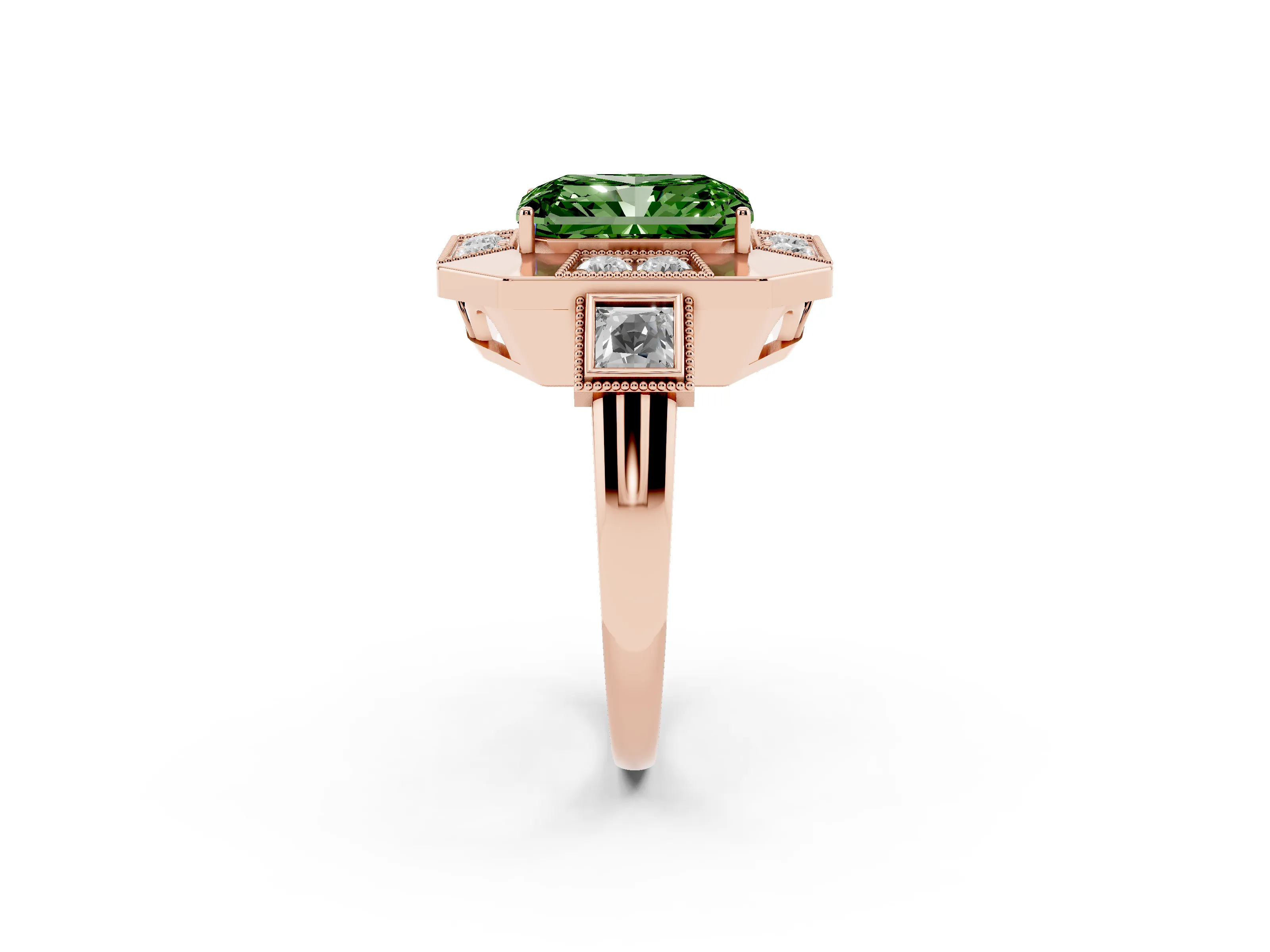 Fancy Green Radiant Cut Diamond Milgrain Halo Ring Set in Rose gold with Split Shank