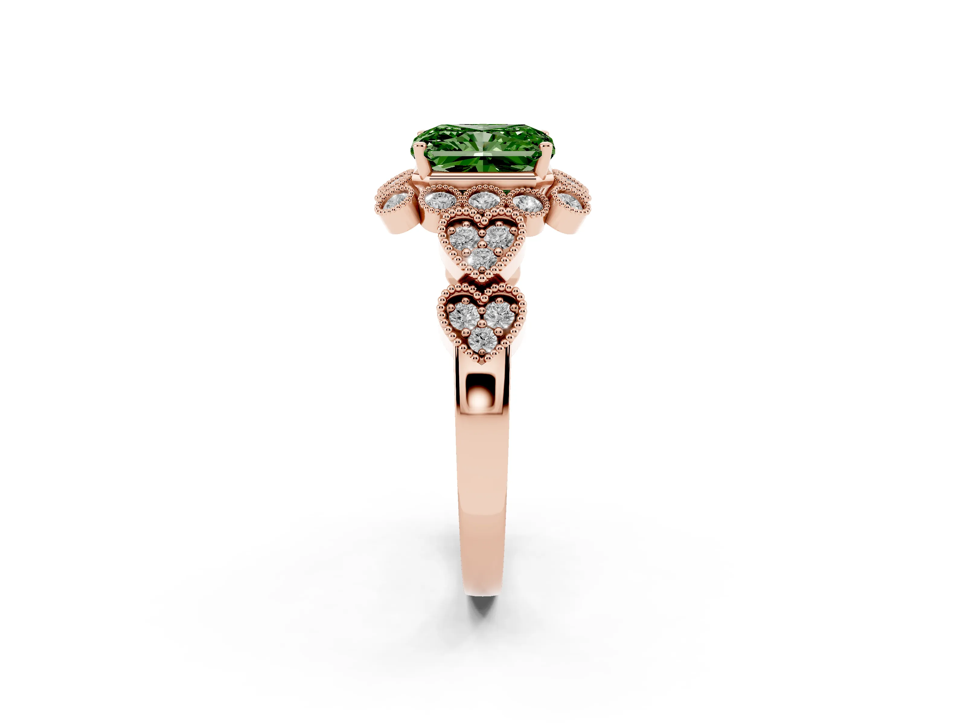 Fancy Green Radiant Cut Diamond Solitaire Ring Set in Rose gold with Milgrain Pavé Heart Band