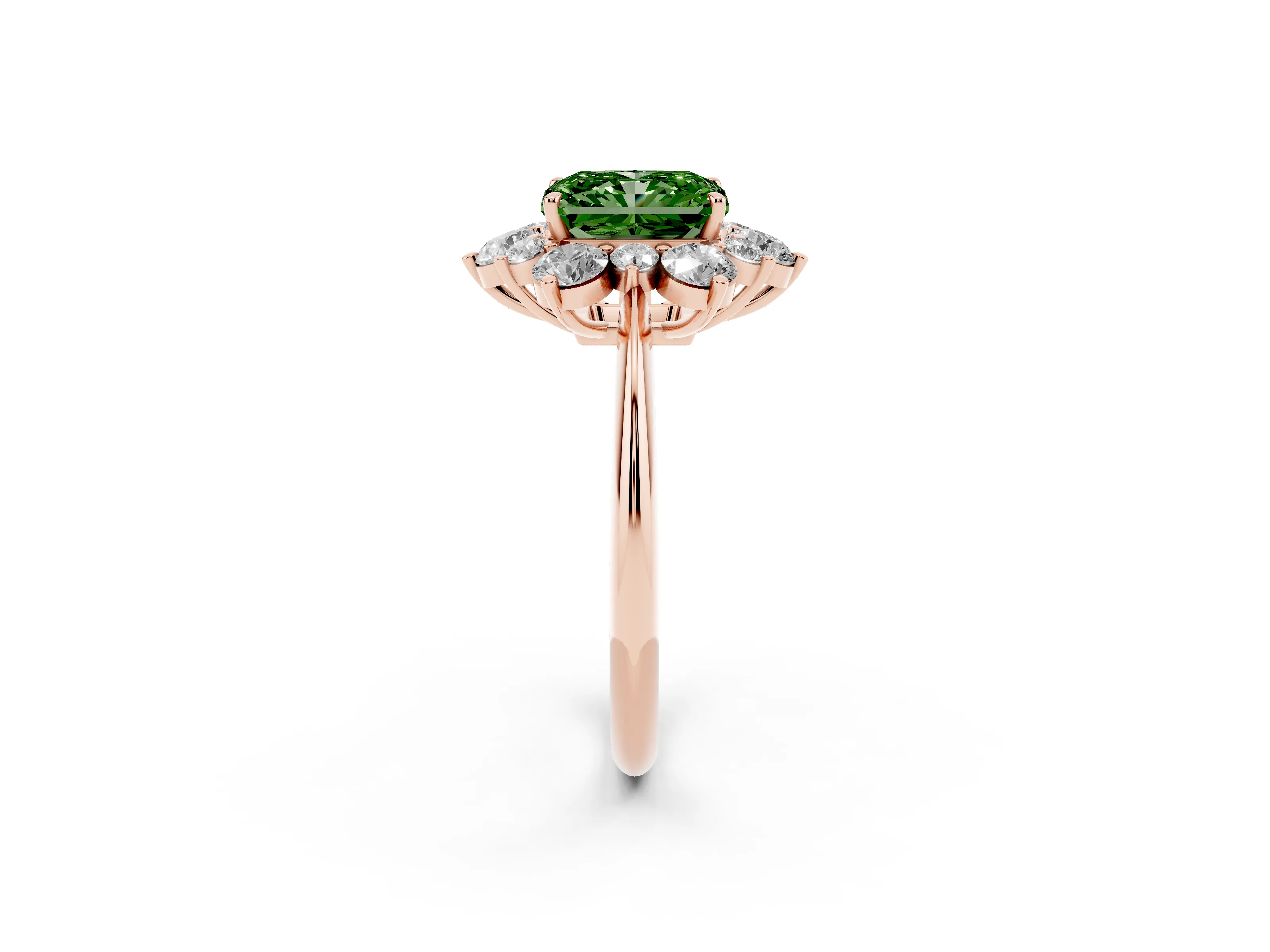 Fancy Green Radiant Cut Diamond Cluster Halo Ring Set in Rose gold with Solitaire Band and Prong Setting