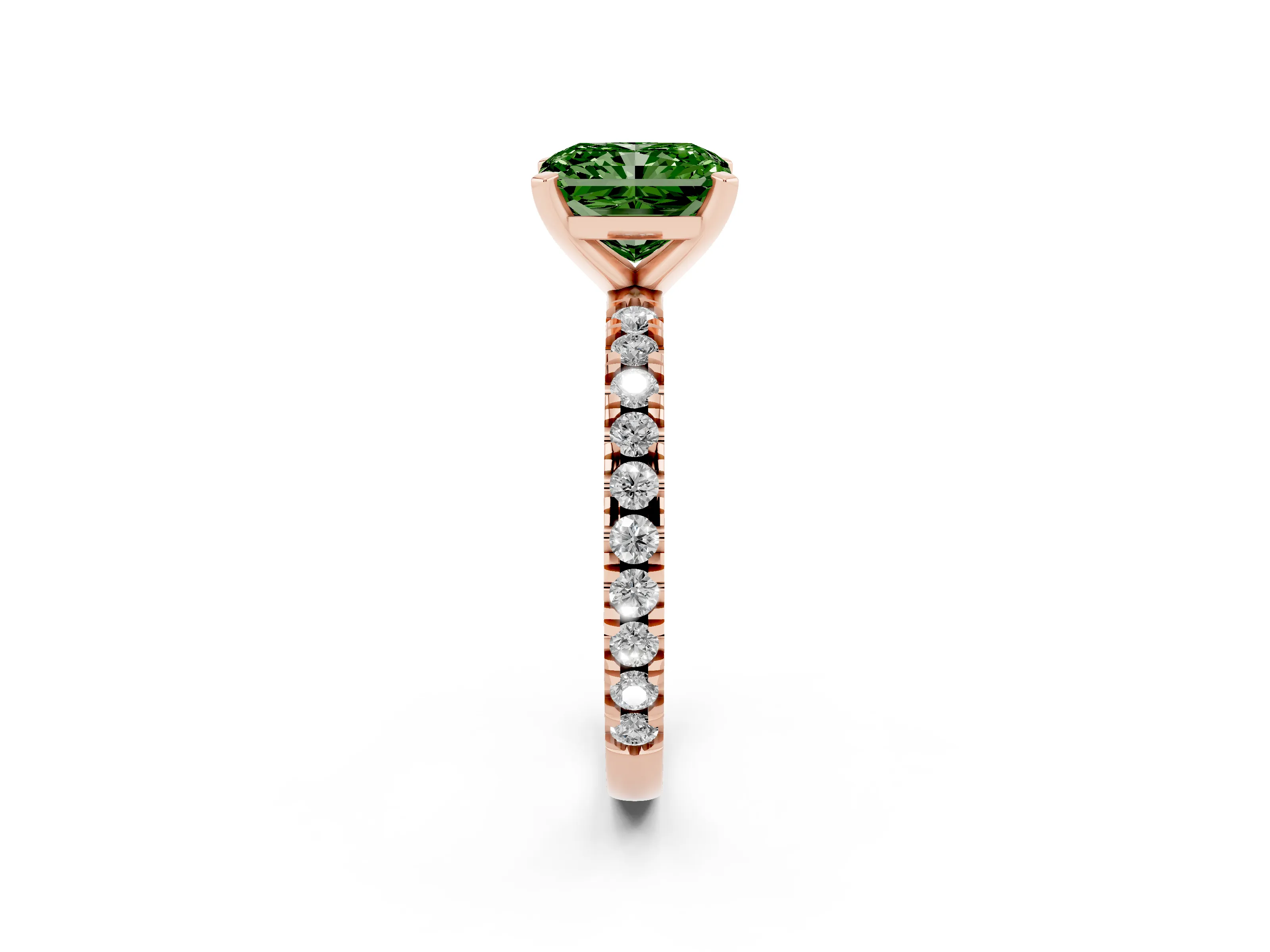 Fancy Green Radiant Cut Diamond Pavé Band Solitaire Set in Rose gold with Prong Setting