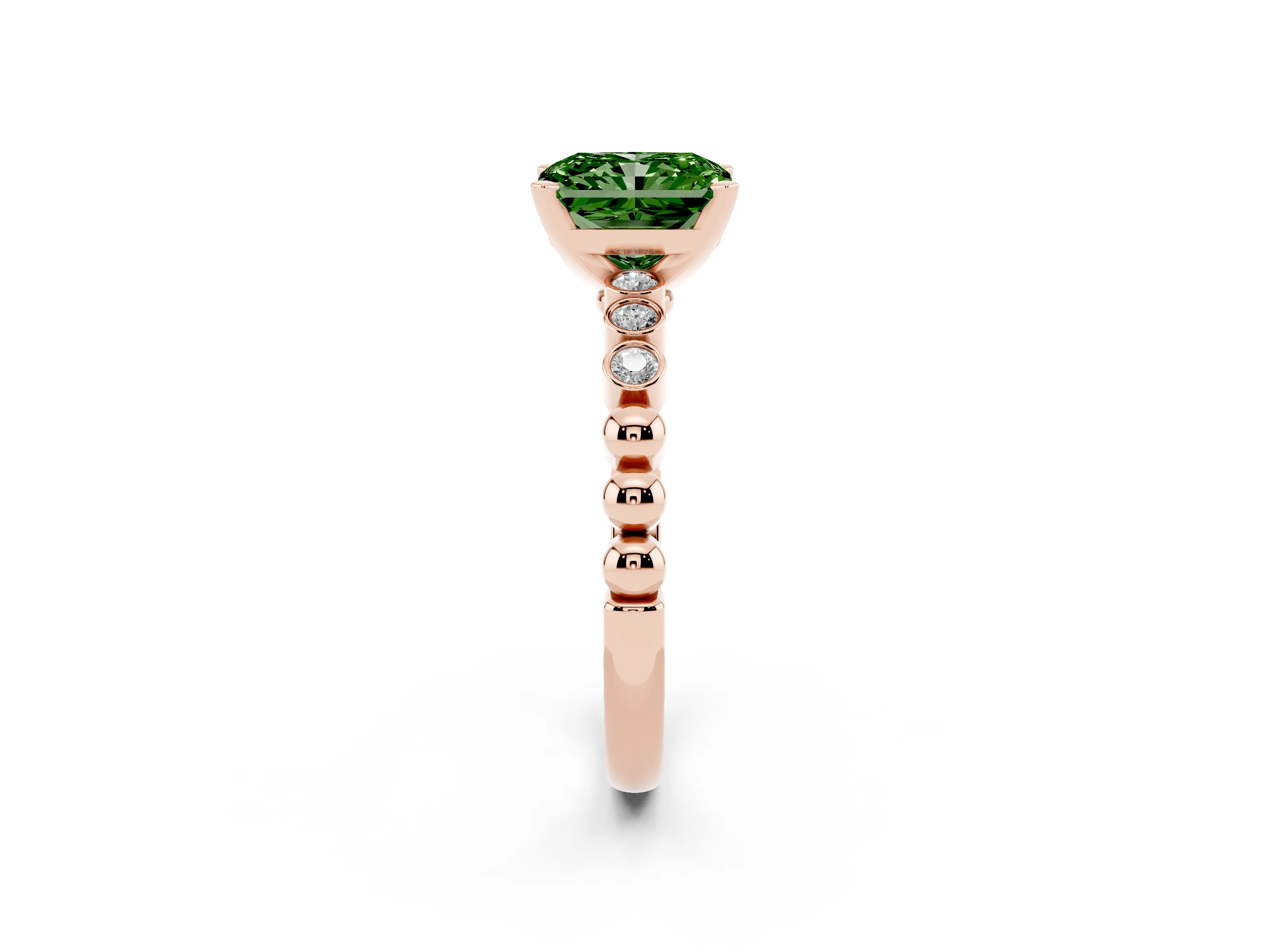 Fancy Green Radiant Cut Diamond Solitaire Engagement Ring Set in Rose gold with Bezel Accents on Beaded Band