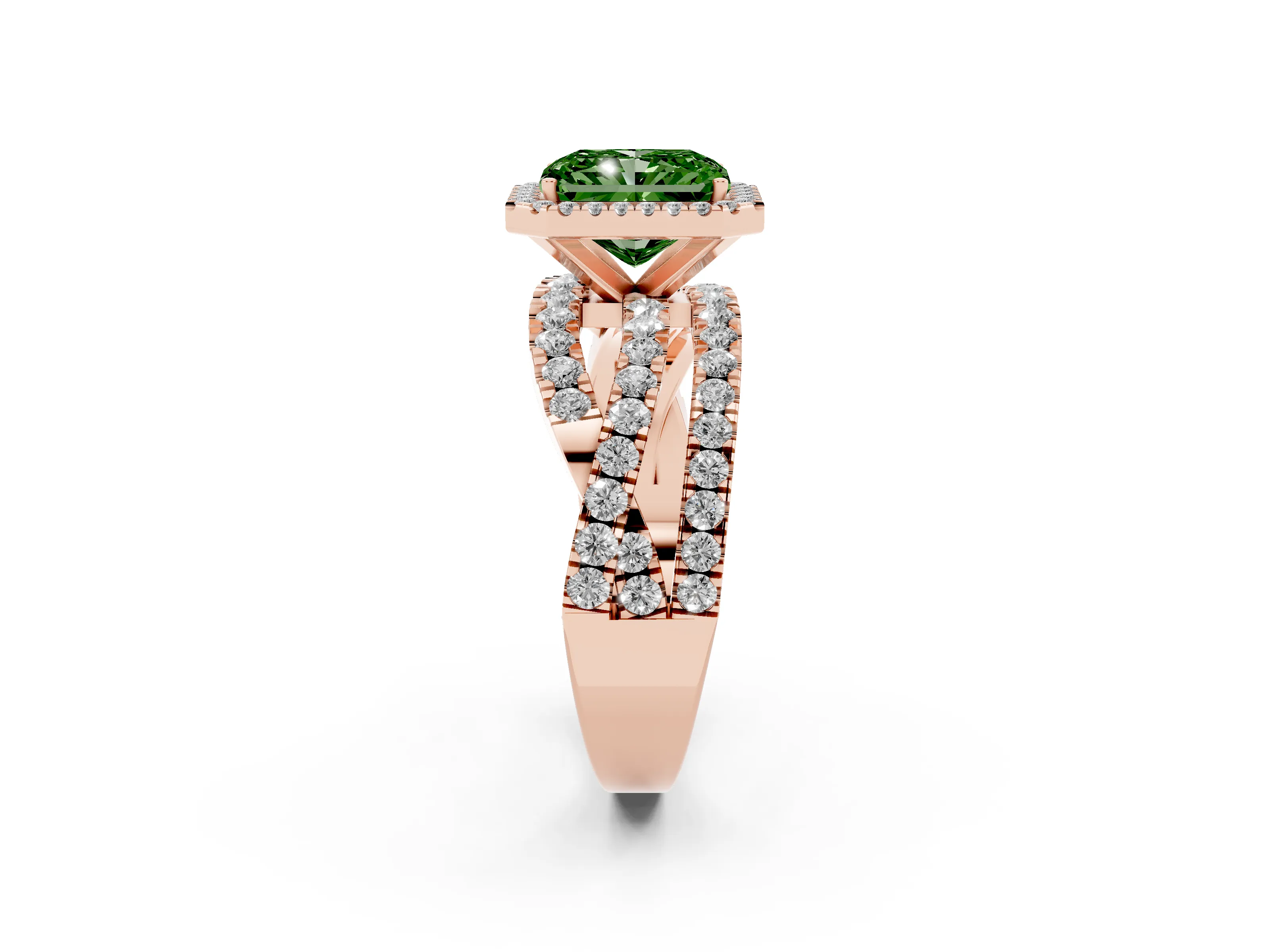 Fancy Green Radiant Cut Diamond Halo Ring Set in Rose gold with Round Crossover Split Shank and Prong Setting