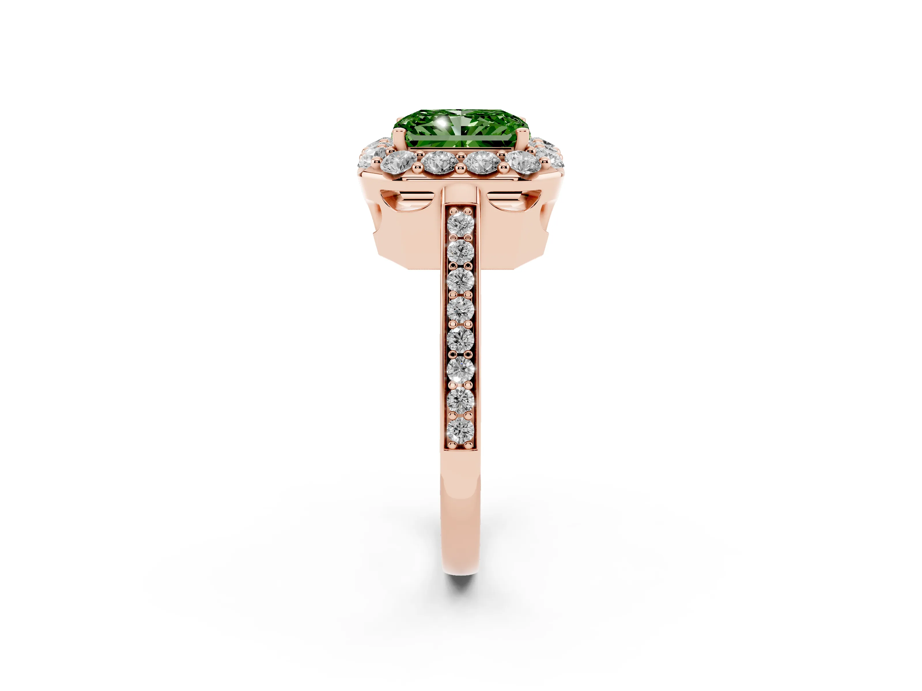 Fancy Green Radiant Cut Diamond Floral Halo Ring Set in Rose gold with Pavé Band and Prong Setting