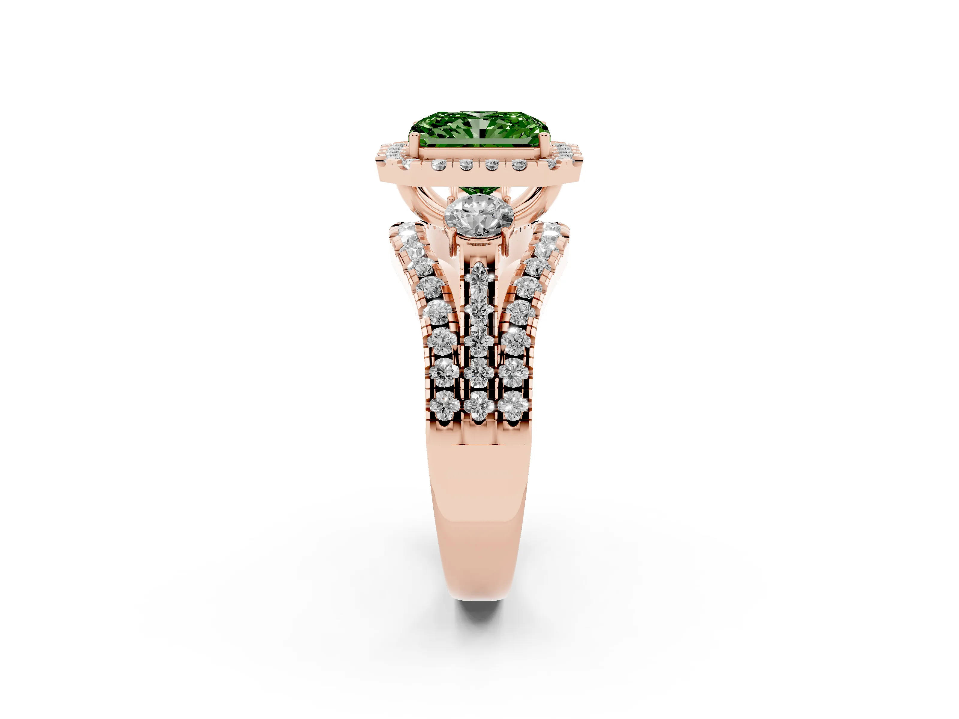 Fancy Green Radiant Cut Diamond Halo Split Shank Ring Set in Rose gold with Round Accent Stones and Prong Setting