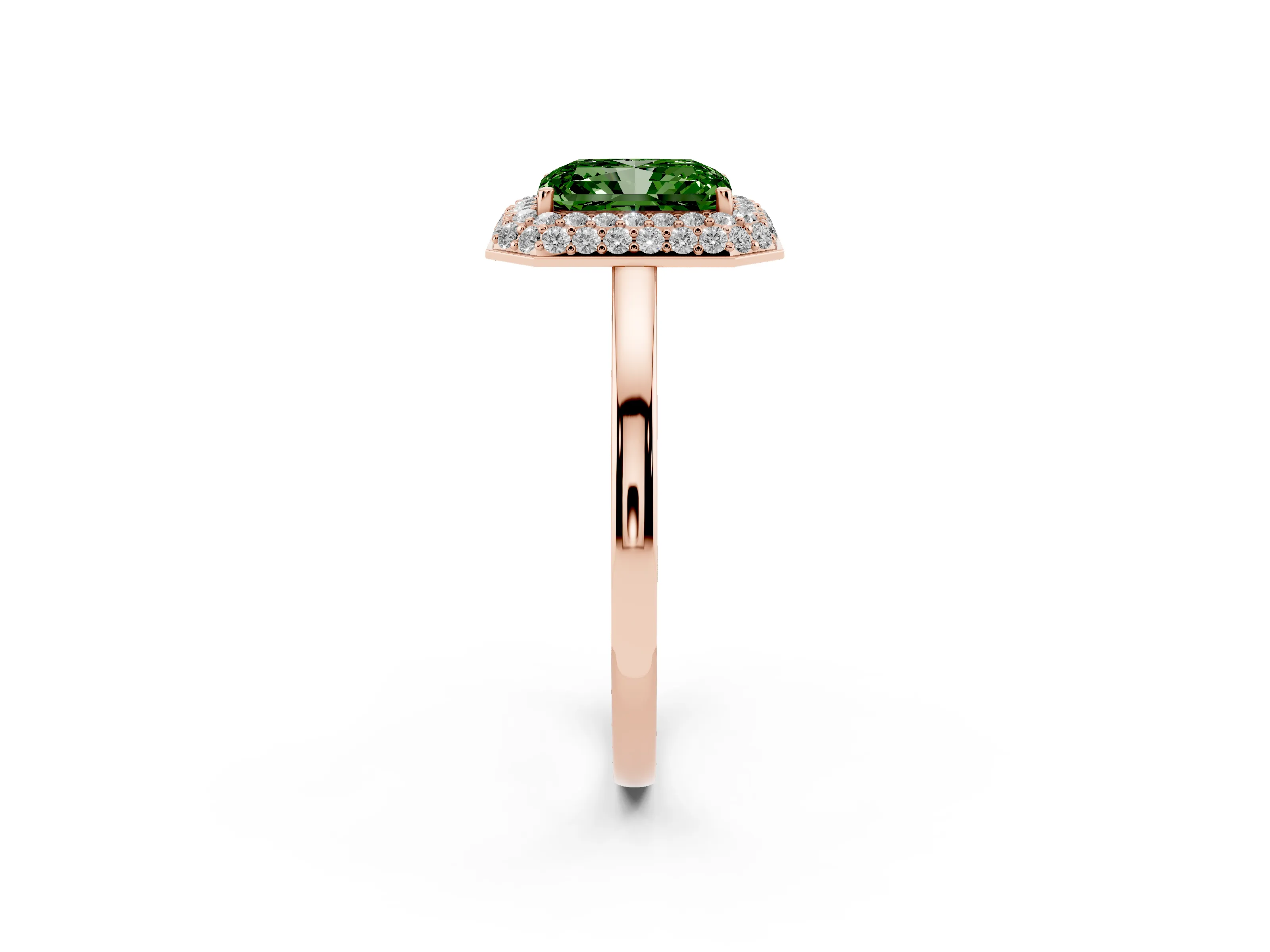 Fancy Green Radiant Cut Diamond Halo Engagement Ring Set in Rose gold with Solitaire Band and Prong Setting