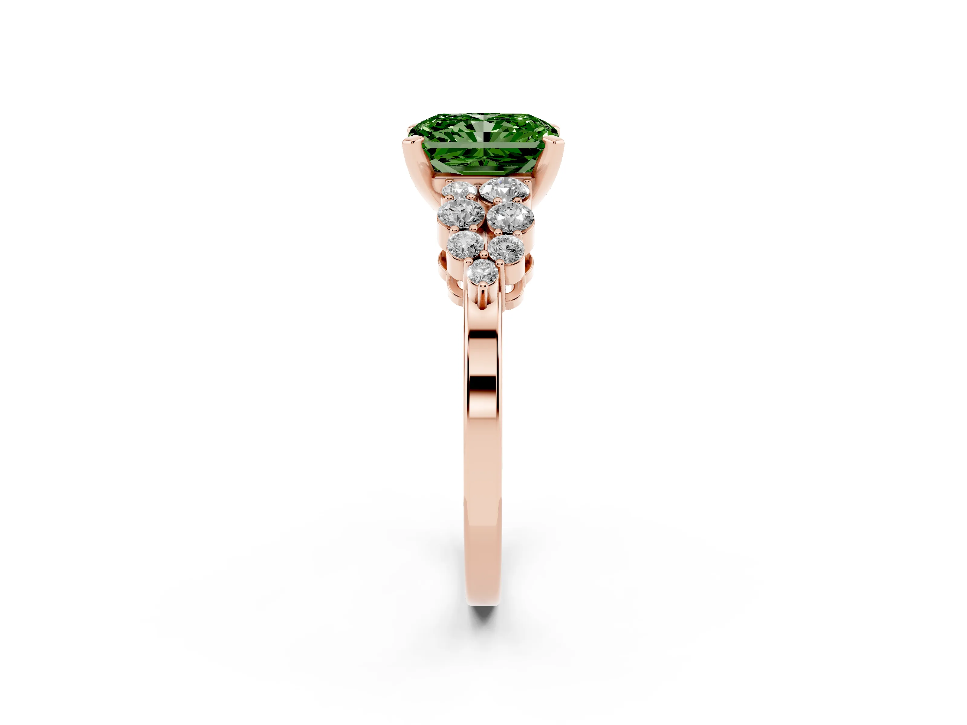 Fancy Green Radiant Cut Diamond Cluster Engagement Ring Set in Rose gold with Pavé Band and Prong Setting