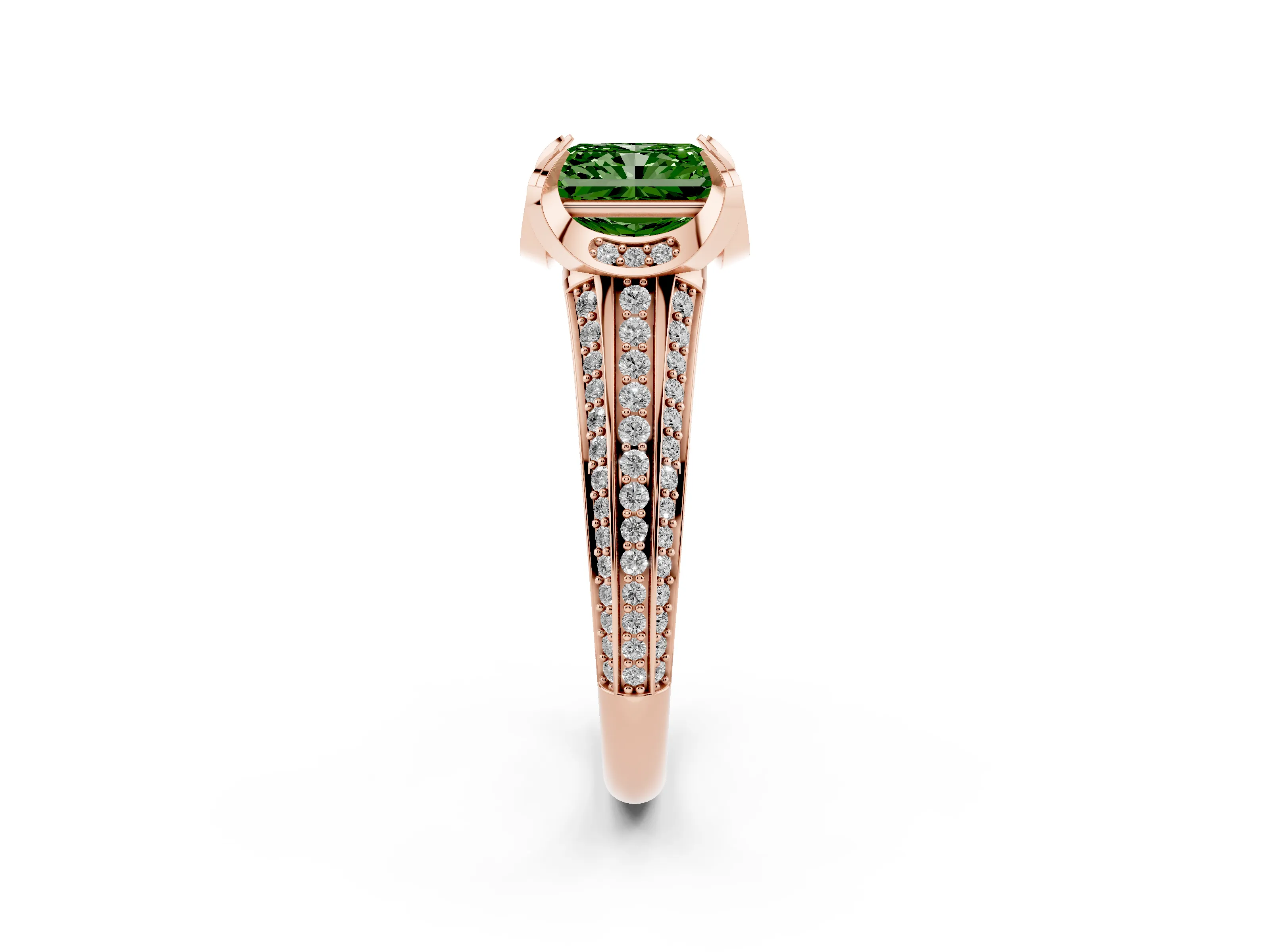 Fancy Green Radiant Cut Diamond Pavé Split Shank Solitaire Ring Set in Rose gold with Prong Setting