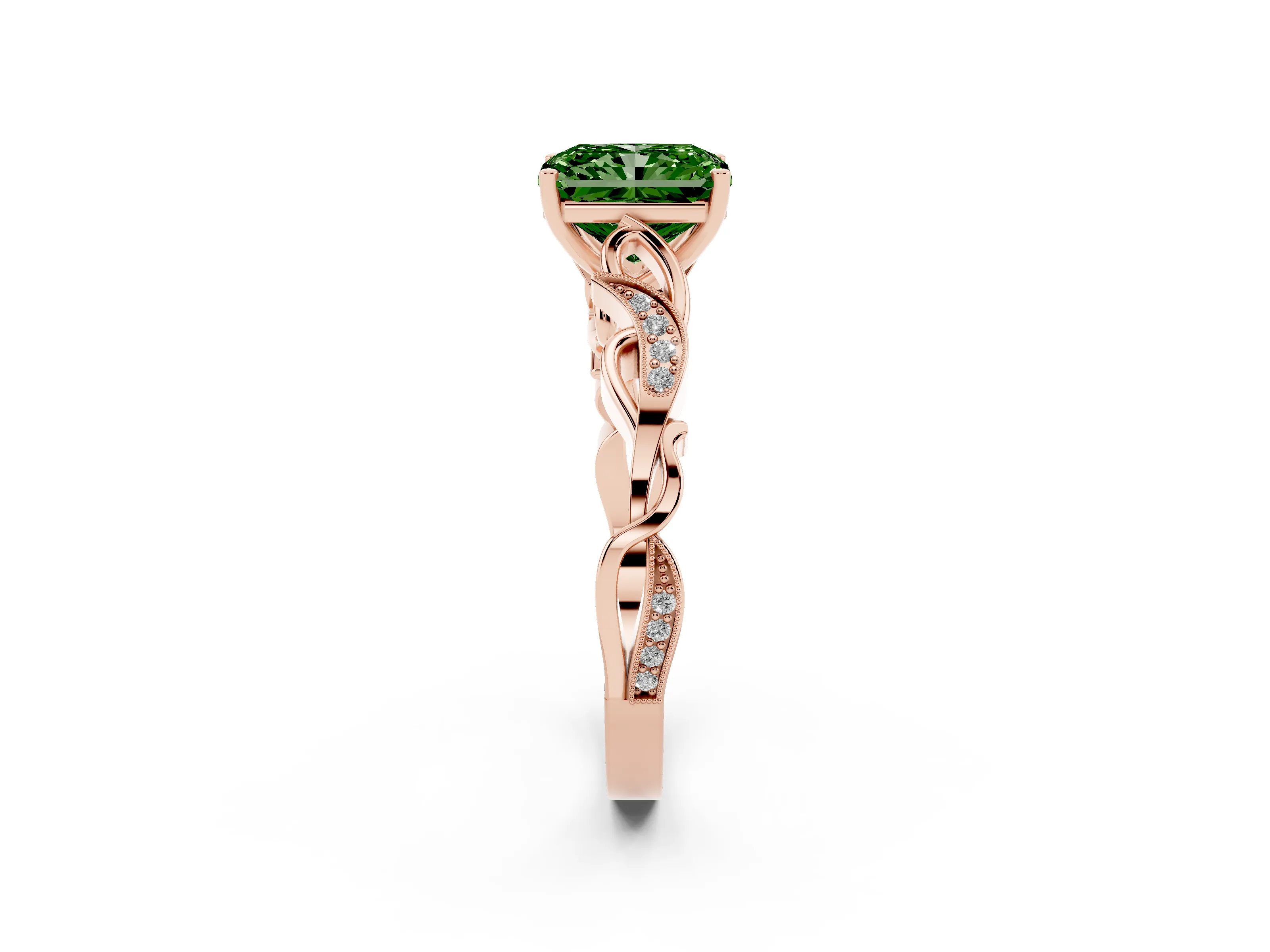Fancy Green Radiant Cut Diamond Vine Band Solitaire Ring Set in Rose gold with Milgrain Prong Setting