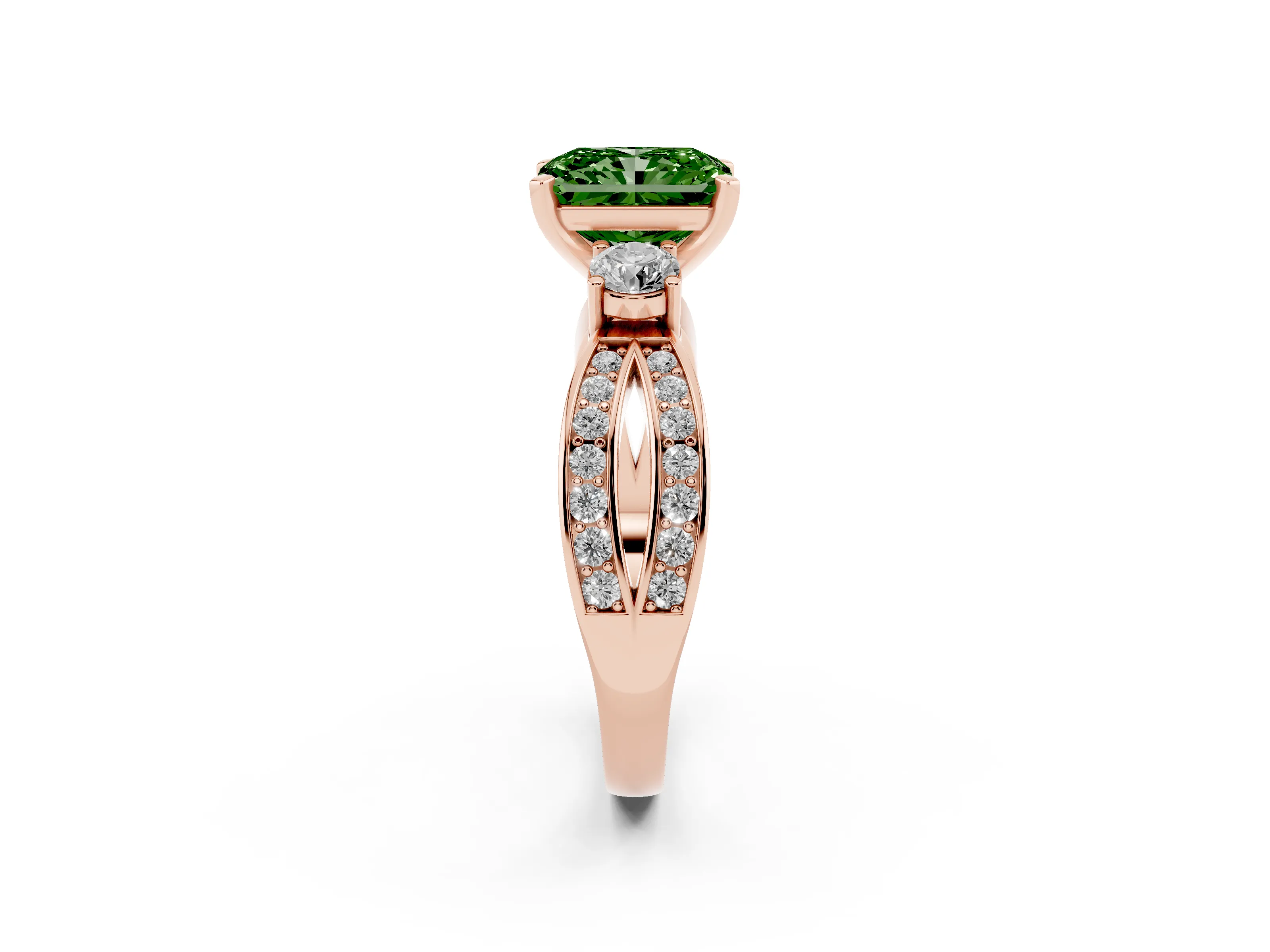 Fancy Green Three-Stone Radiant Cut Diamond Twist Band Ring Set in Rose gold with Pavé Accents and Prong Setting