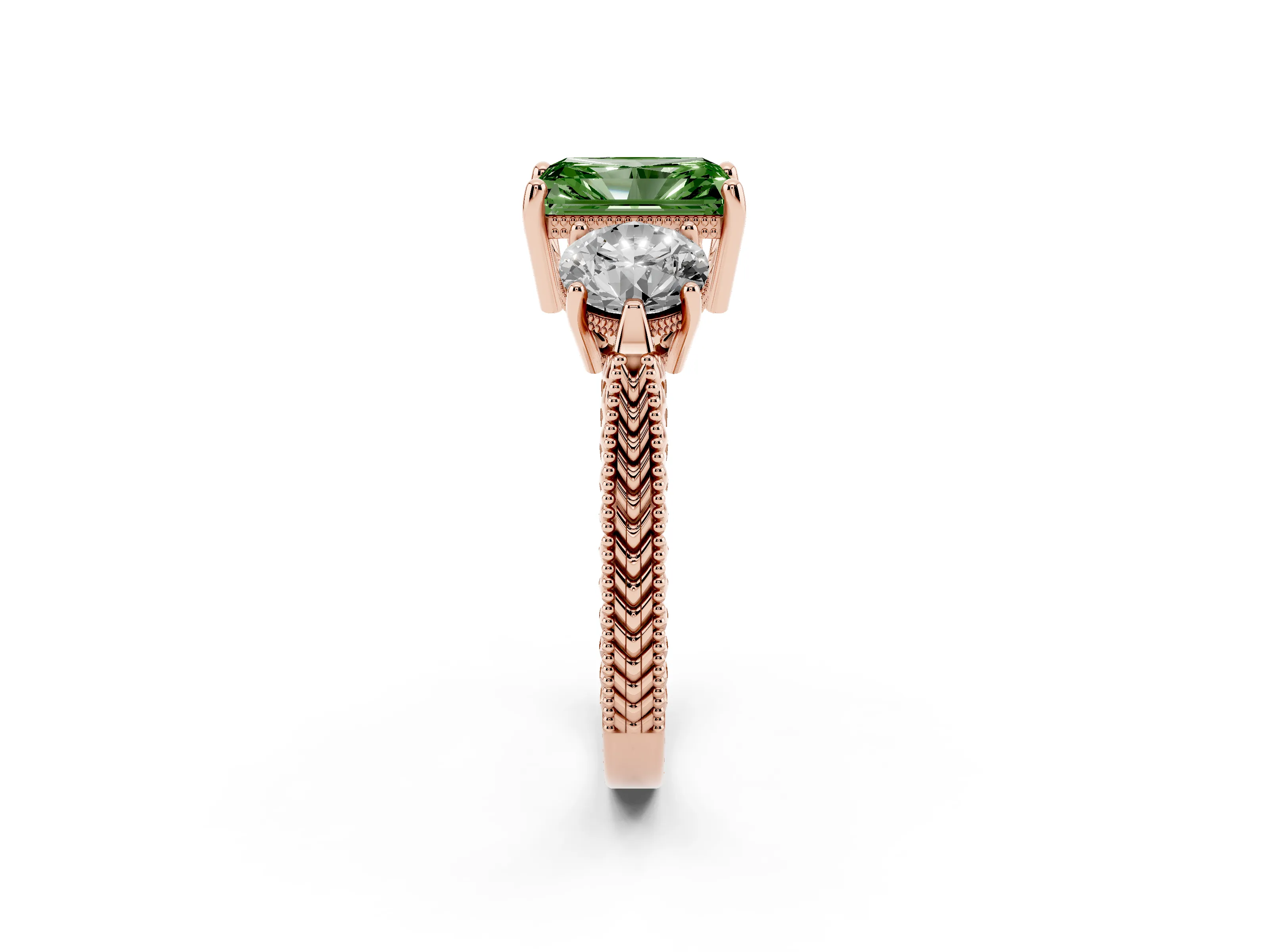 Radiant Cut Vintage Three Stone Engagement Ring Setting for a Fancy Green Lab-Grown Diamond | Milgrain Band | Rose Gold