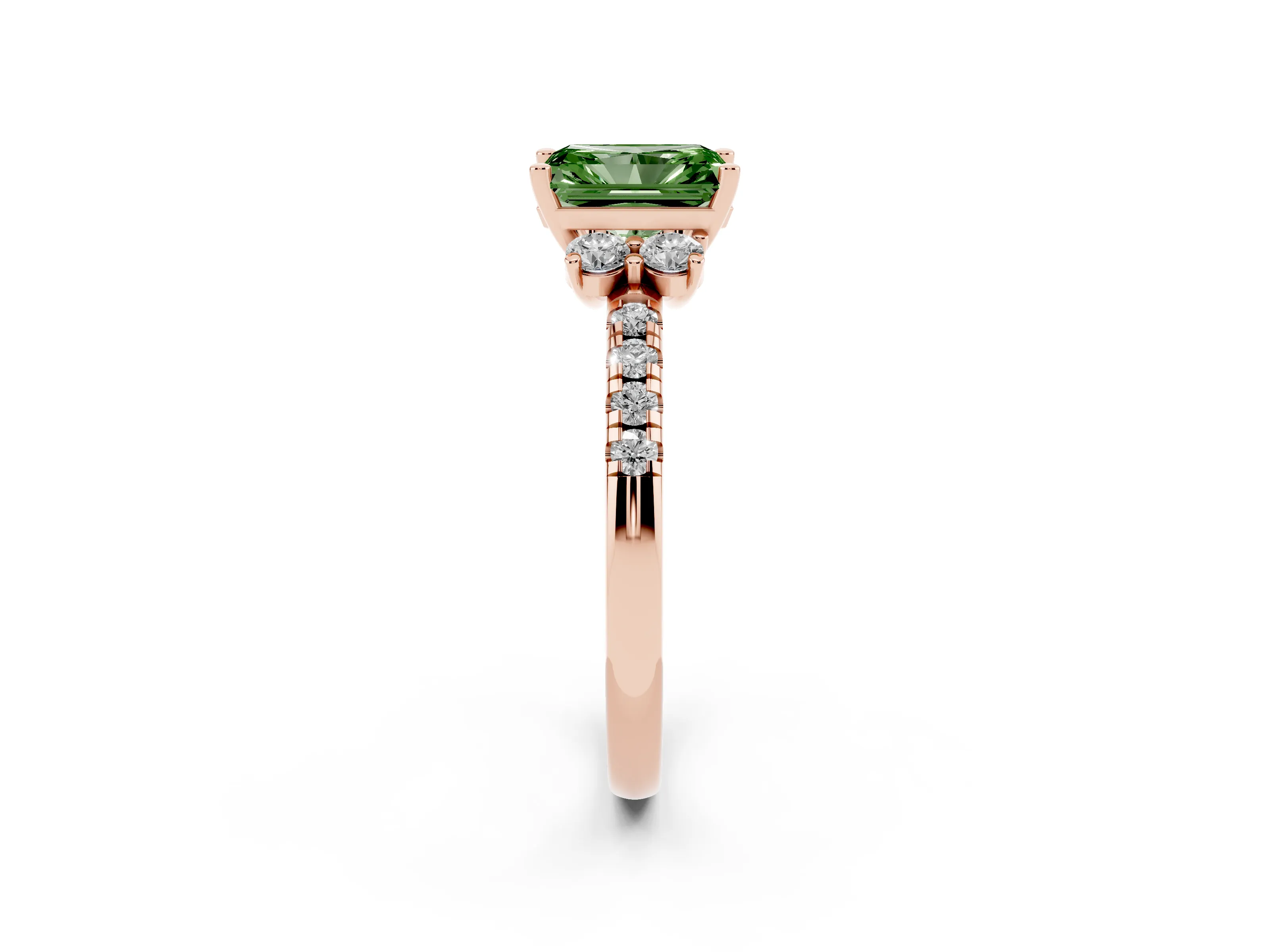 Fancy Green Radiant Cut Diamond Three-Stone Pavé Ring Set in Rose gold with Prong Setting
