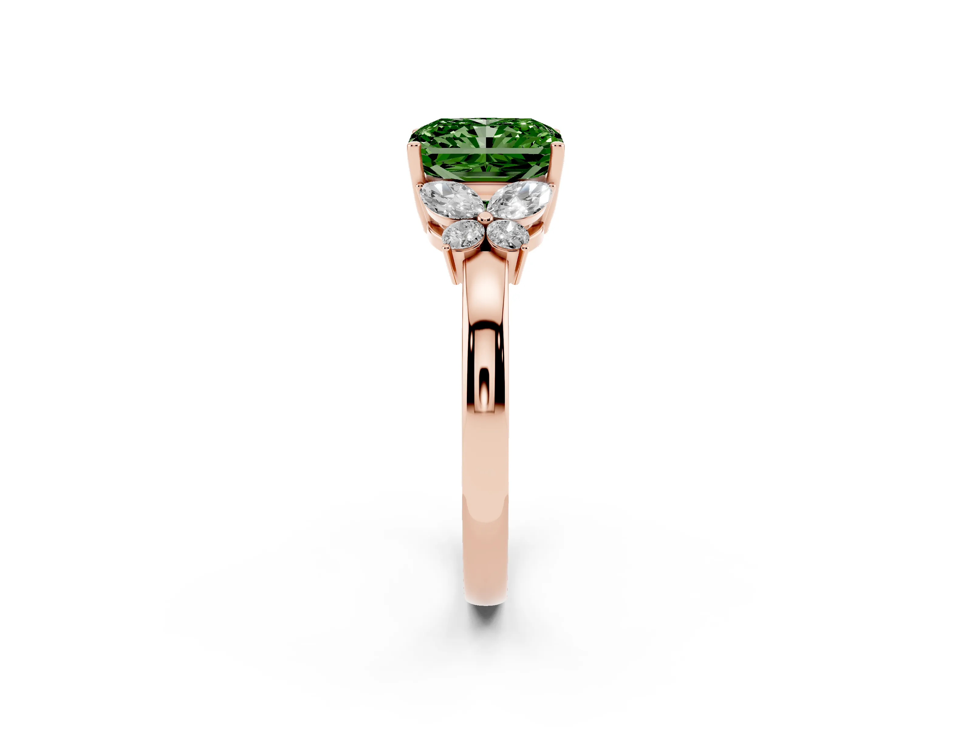 Fancy Green Radiant Cut Diamond Solitaire Floral Ring Set in Rose gold with Marquise Petals and Prong Setting
