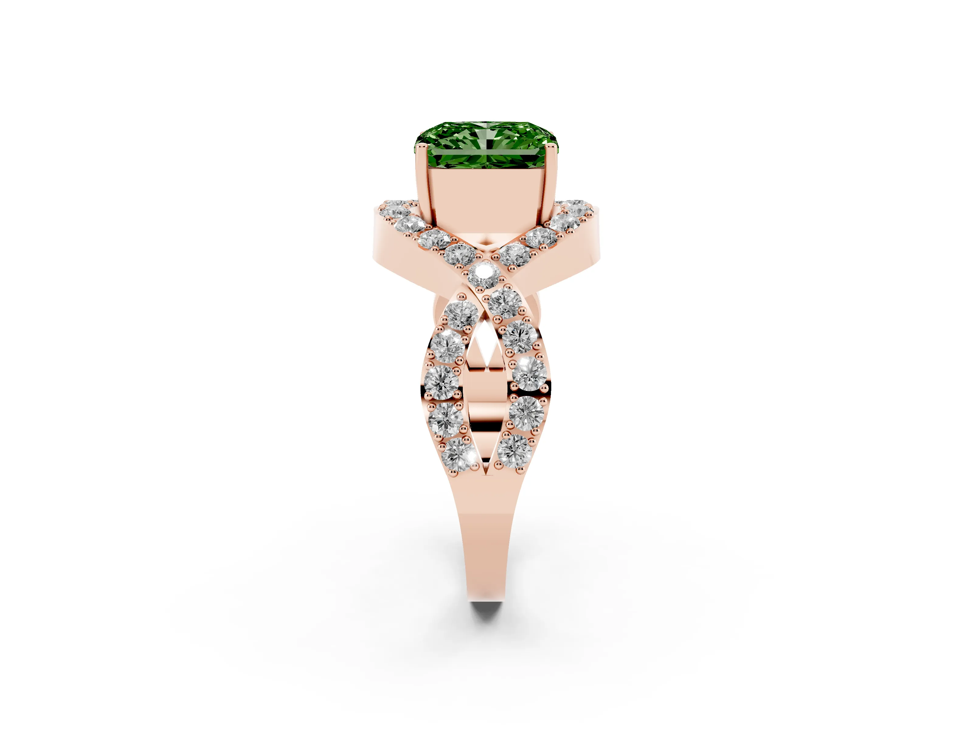 Fancy Green Radiant Cut Diamond Solitaire Twist Band Pavé Engagement Ring Set in Rose gold
