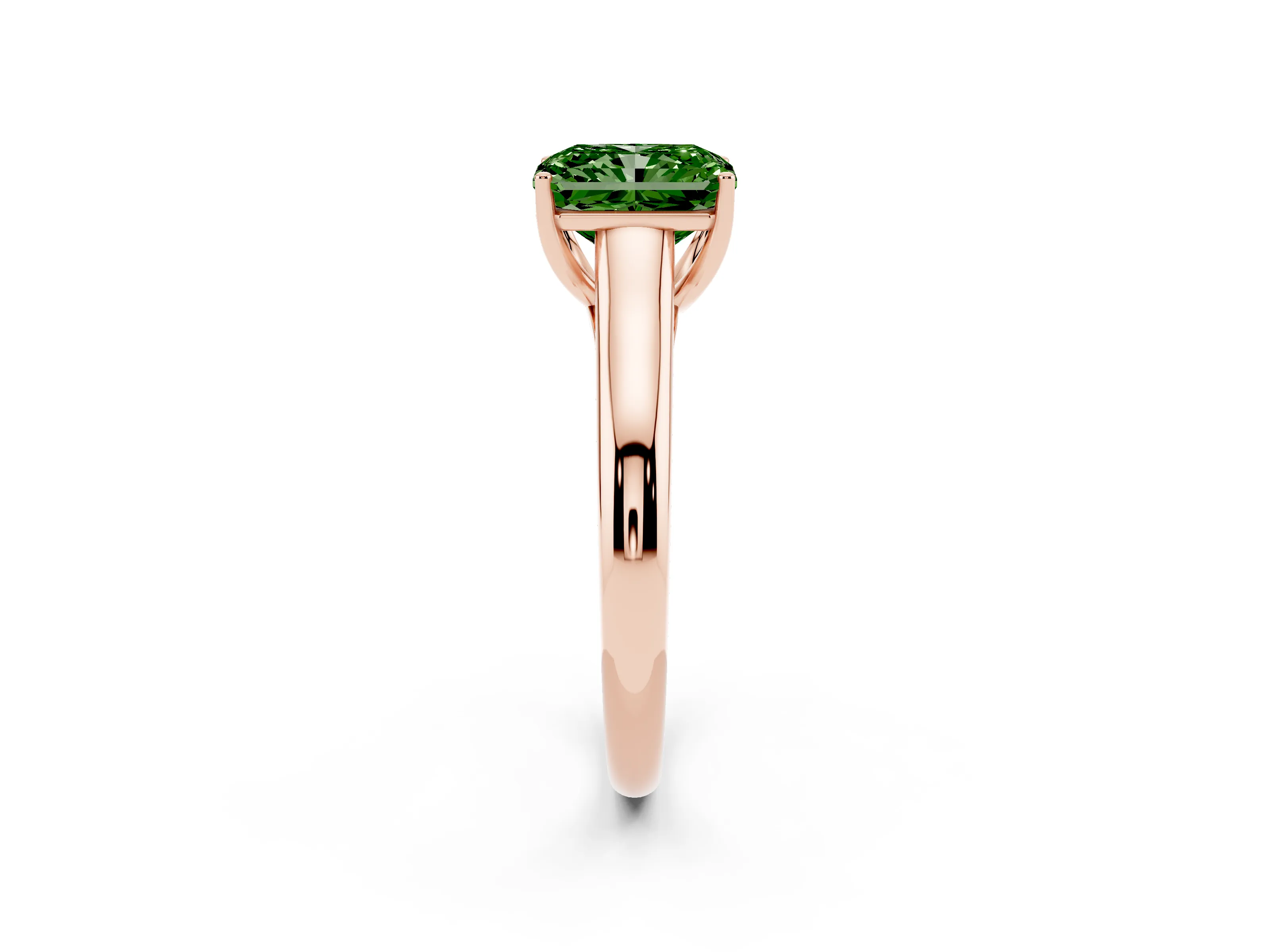 Fancy Green Radiant Cut Diamond Solitaire Engagement Ring Set in Rose gold with Subtly Tapered Band and Prong Setting