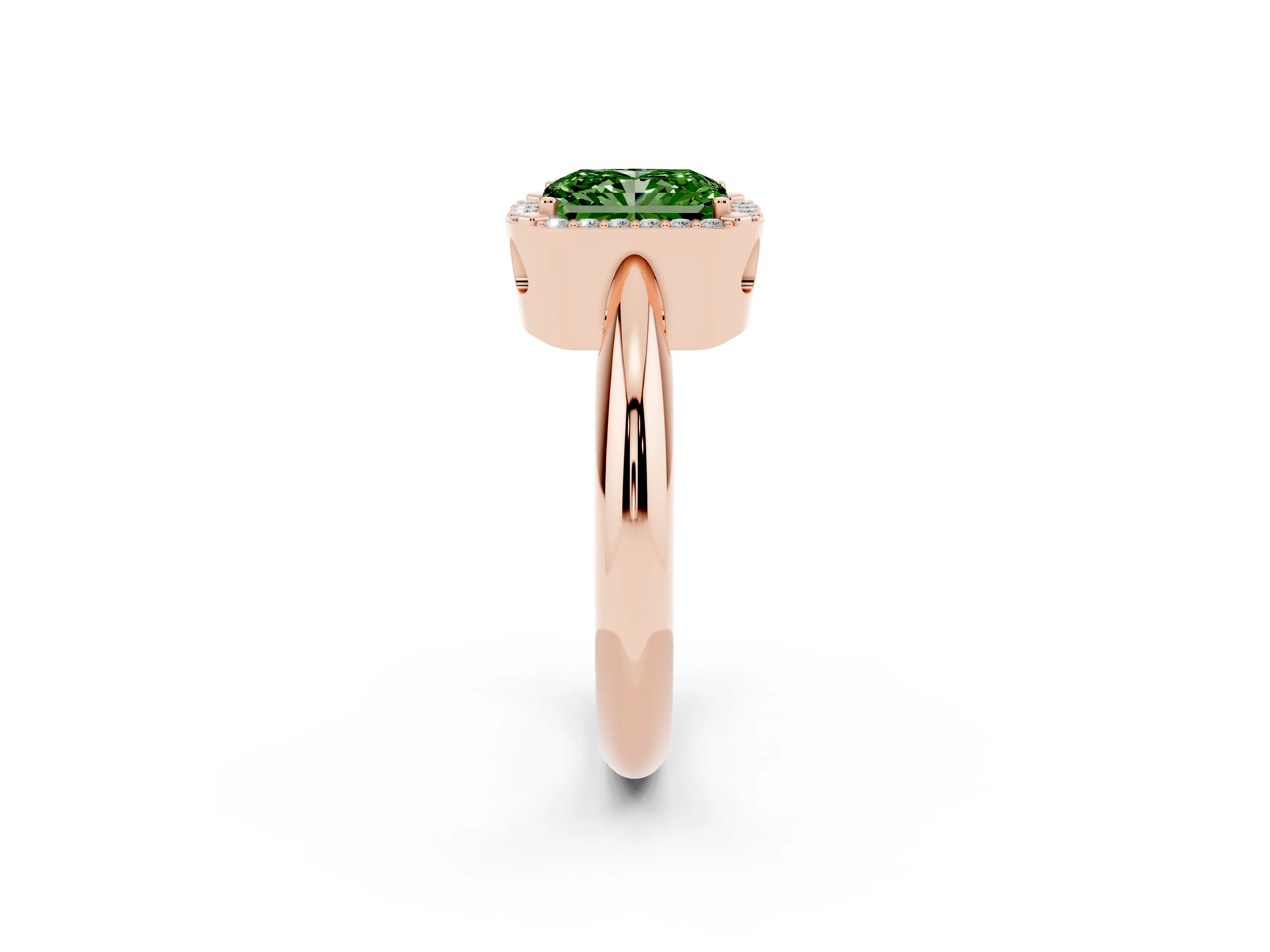 Fancy Green Radiant Cut Diamond Halo Engagement Ring Set in Rose gold with Plain Split Shank and Prong Setting