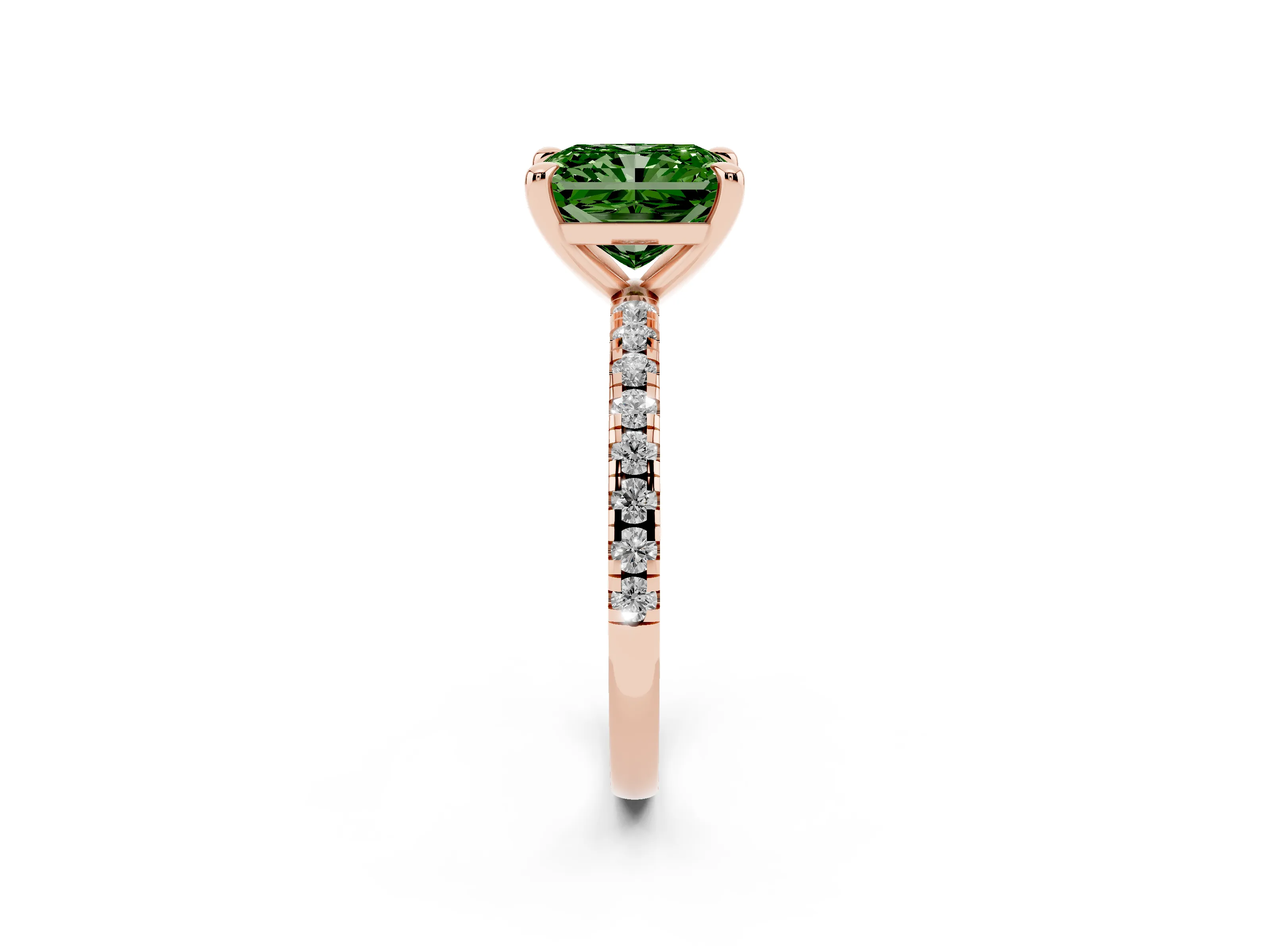 Fancy Green Radiant Cut Diamond Brilliant Solitaire Ring Set in Rose gold with Pavé Band and Prong Setting