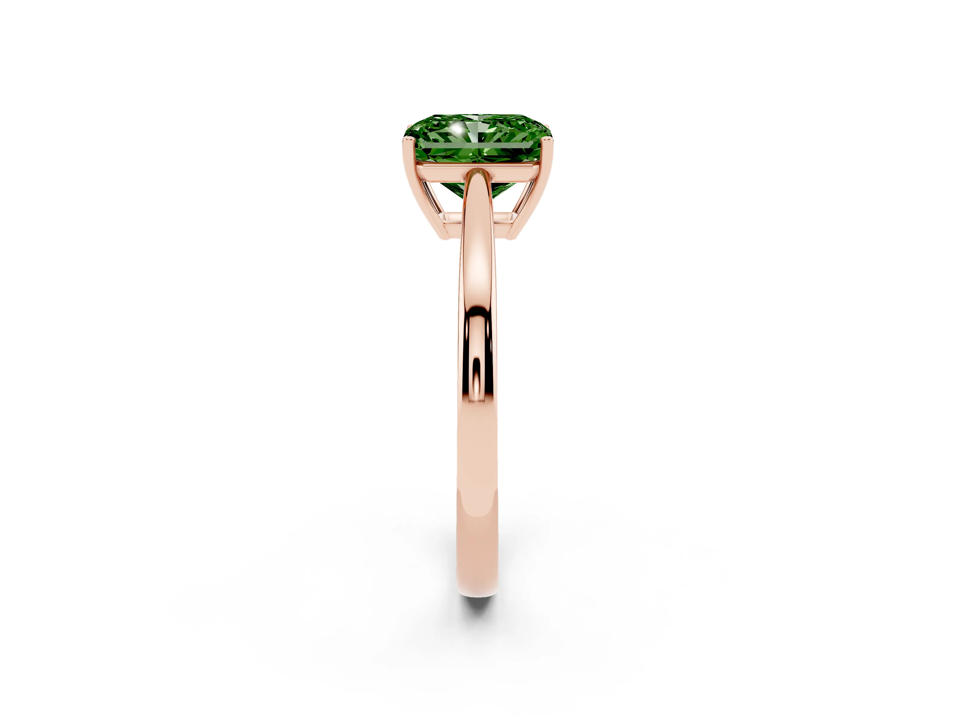 Fancy Green Radiant Cut Diamond Solitaire Ring Set in Rose gold with Split Shank and Prong Setting