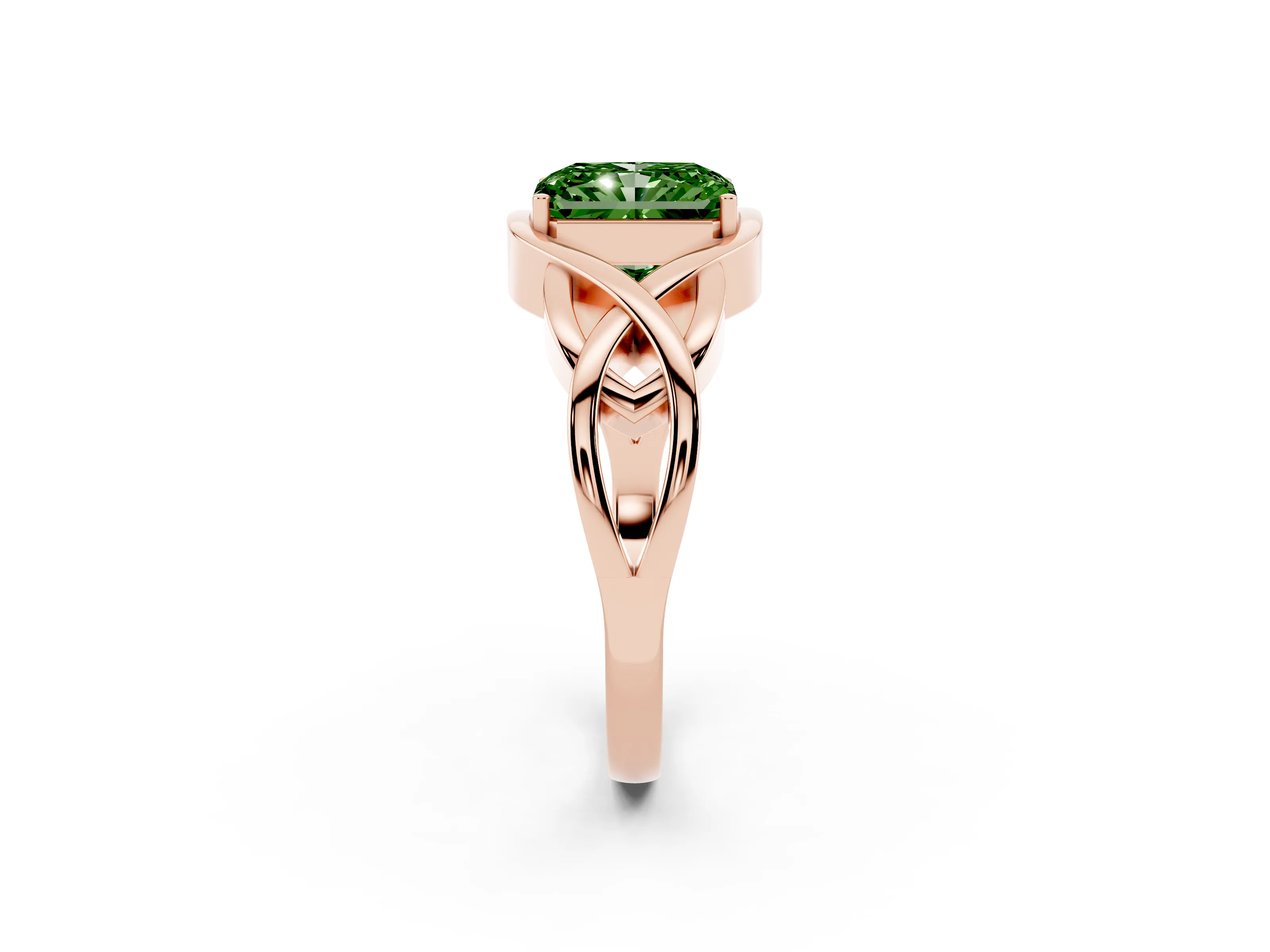 Fancy Green Radiant Cut Diamond Solitaire Ring Set in Rose gold with Intertwined Band