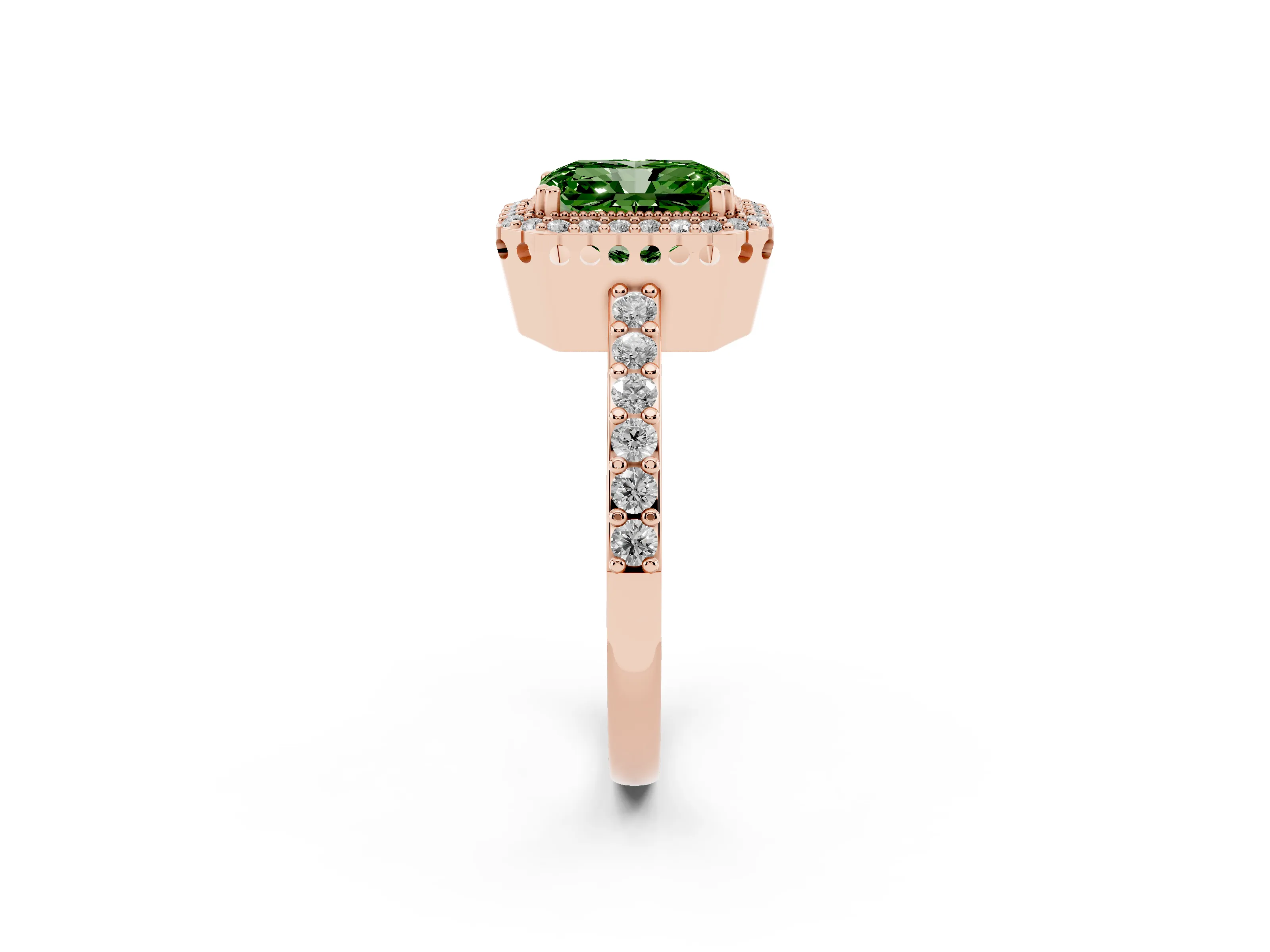 Fancy Green Radiant Cut Diamond Halo Engagement Ring Set in Rose gold with Milgrain Detail and Pavé Band