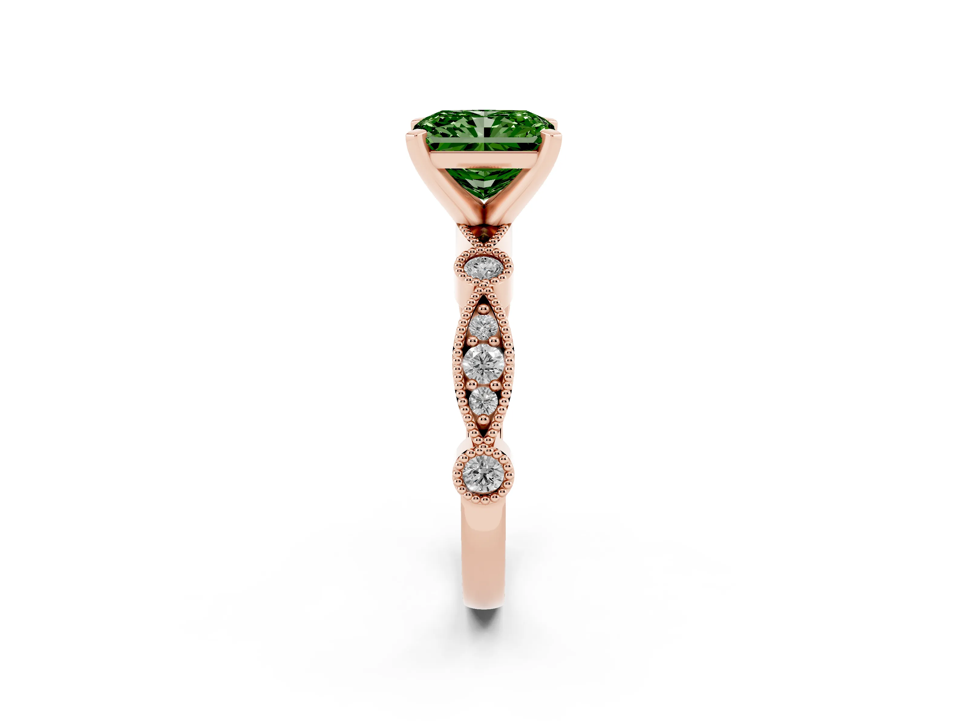 Fancy Green Radiant Cut Diamond Solitaire Engagement Ring Set in Rose gold with Milgrain Bezel Accent Band