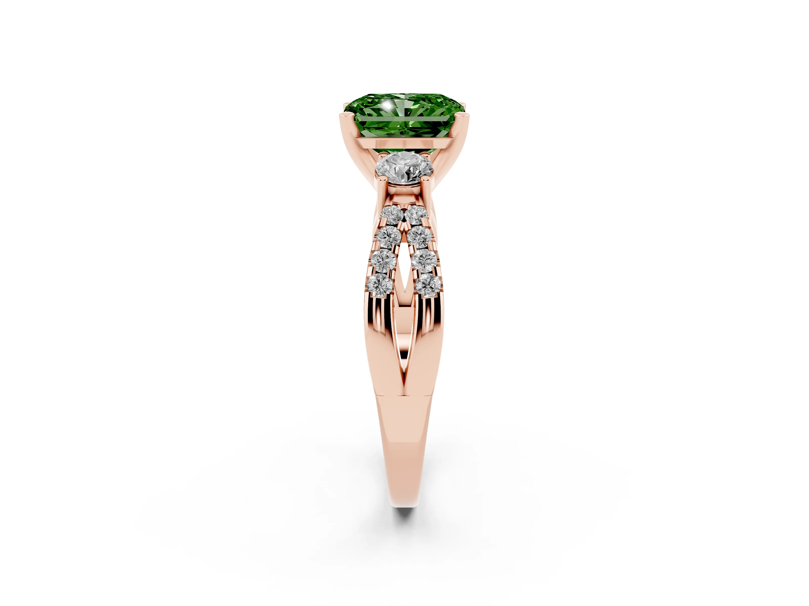 Fancy Green Radiant Cut Diamond Three-Stone Ring Set in Rose gold with Pavé Split Shank and Prong Setting