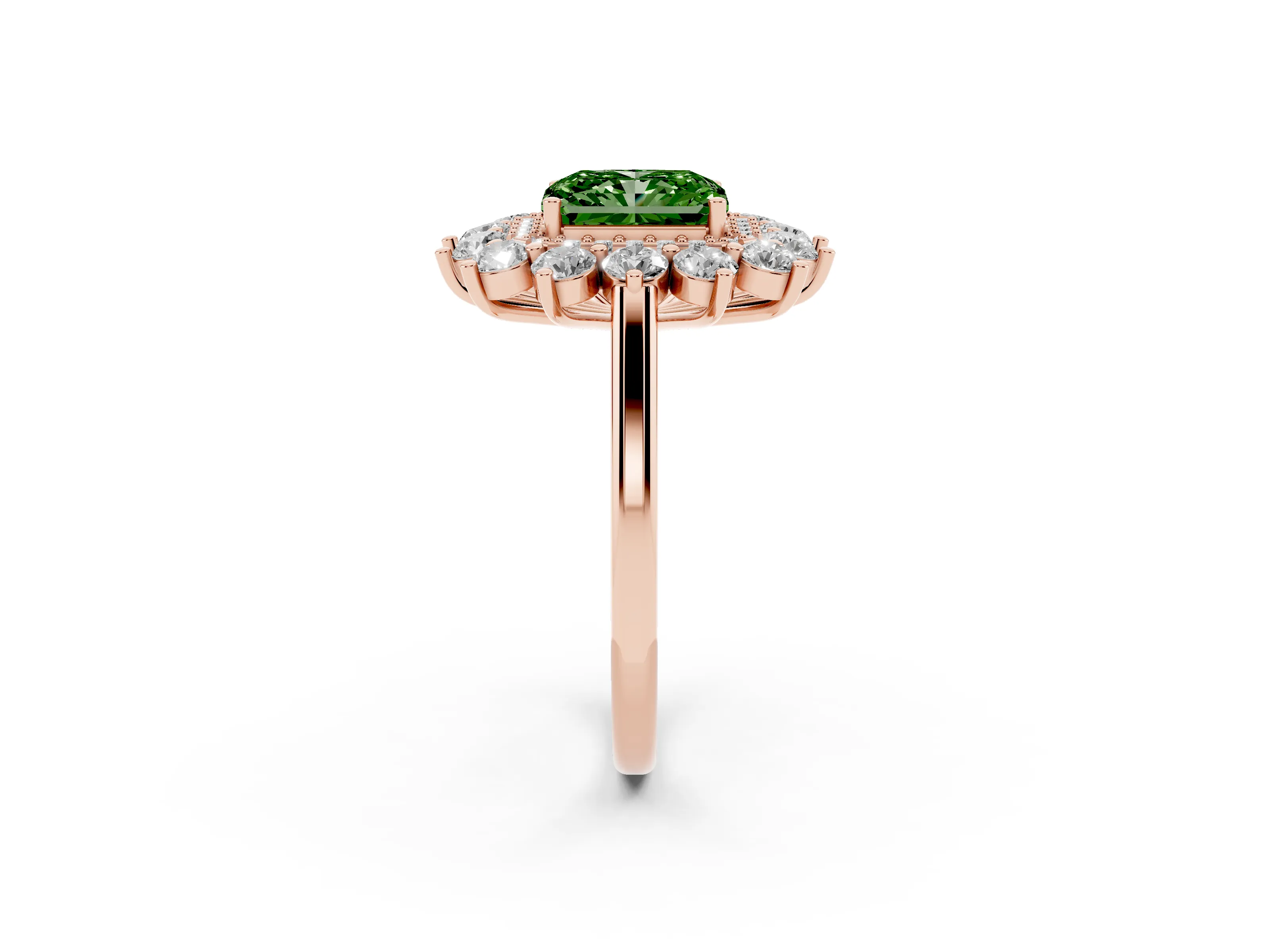 Fancy Green Radiant Cut Diamond Floral Double Halo Ring Set in Rose gold with Round Petals