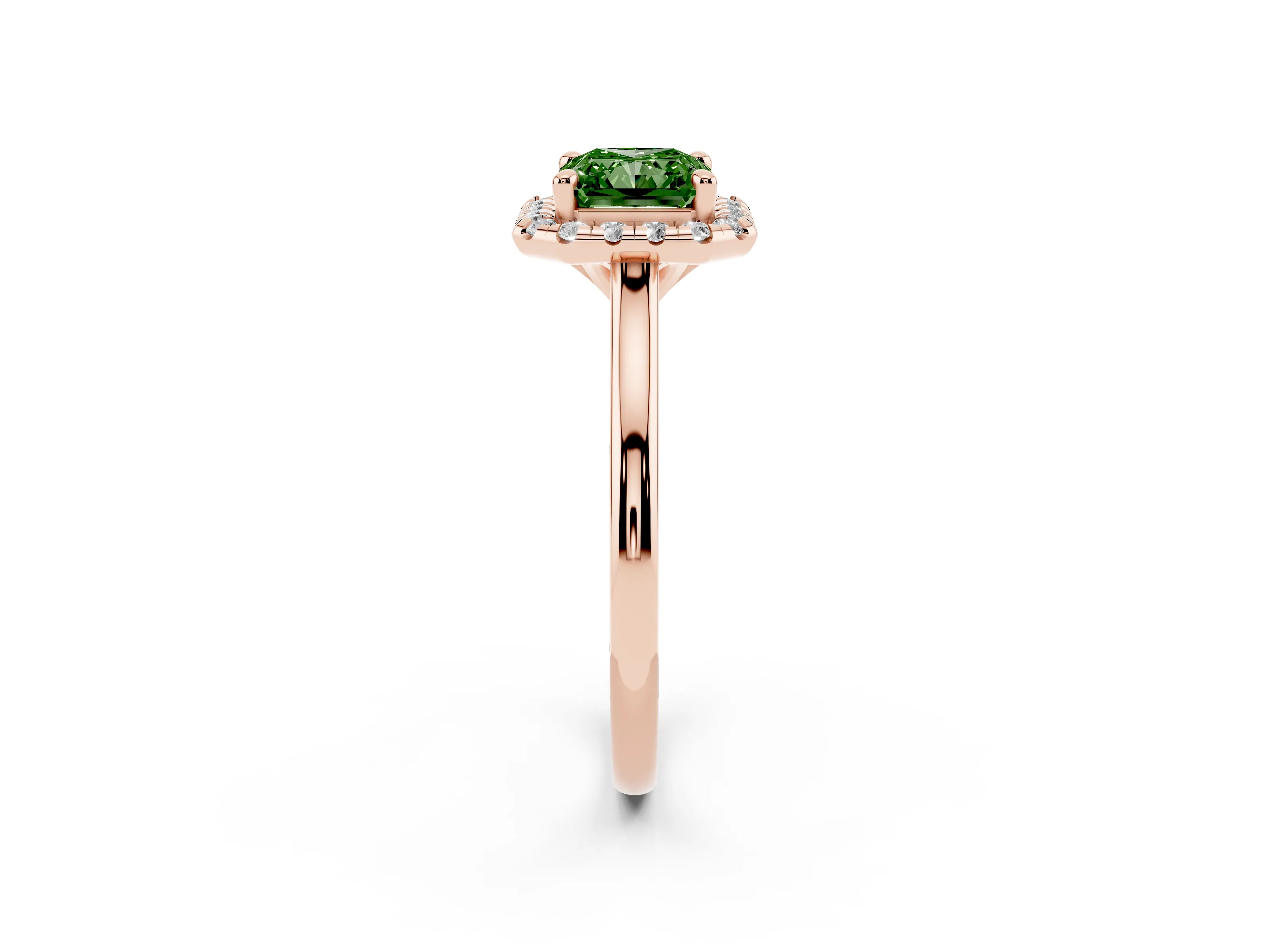 Fancy Green Radiant Cut Diamond Halo Engagement Ring Set in Rose gold with Pavé Band and Rising Shoulders