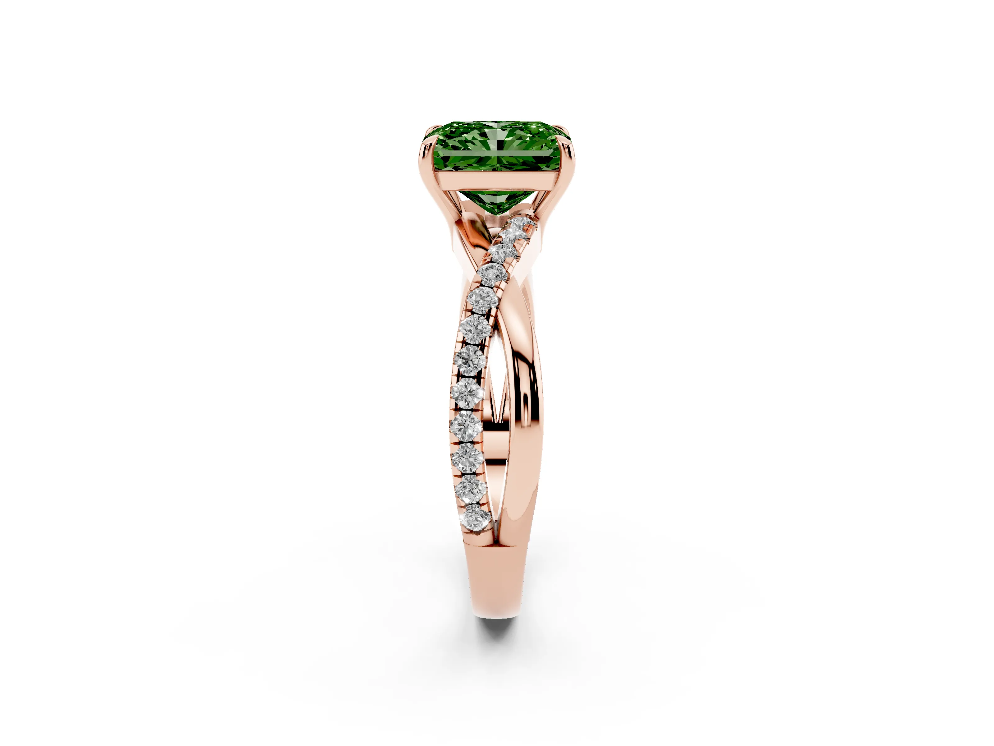Fancy Green Radiant Cut Diamond Twisted Pavé Band Ring Set in Rose gold with Prong Setting