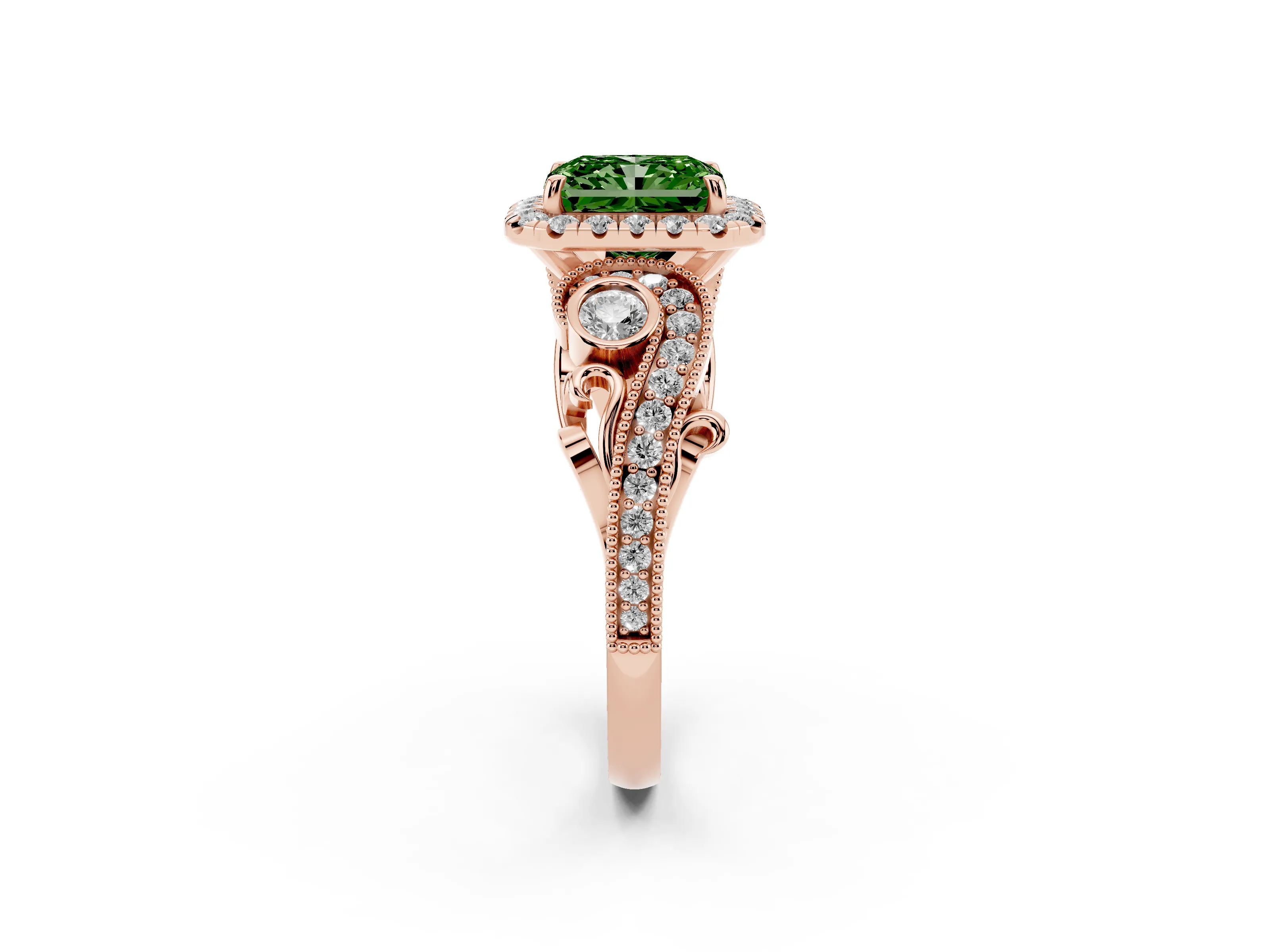 Fancy Green Radiant Cut Diamond Halo Ring Set in Rose gold with Milgrain Pavé Band and Prong Setting