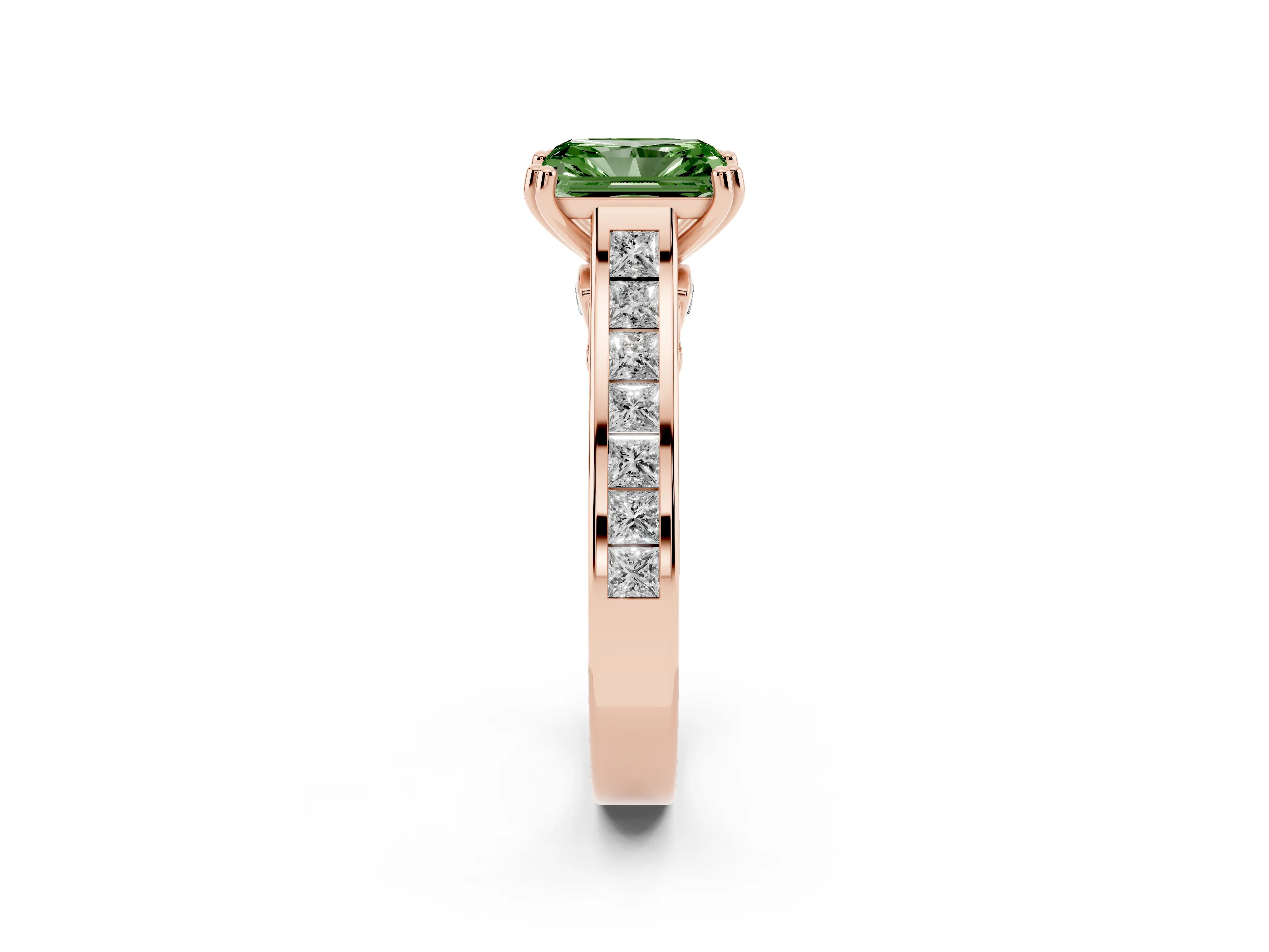 Fancy Green Radiant Cut Diamond Channel Set Solitaire Engagement Ring Set in Rose gold with Prong Setting