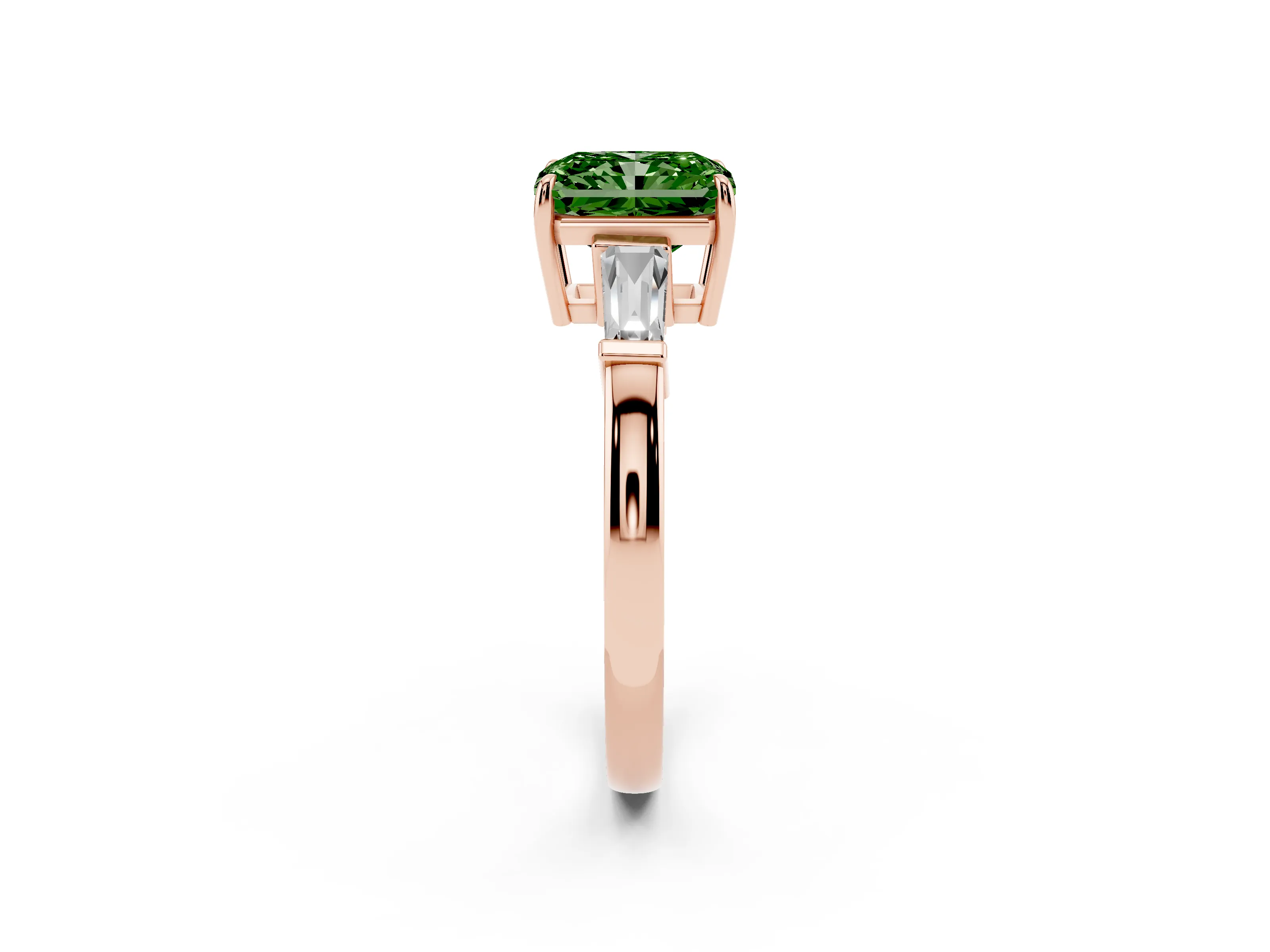 Fancy Green Radiant Cut Diamond Three-Stone Ring Set in Rose gold with Tapered Baguette Side Stones and Prong Setting