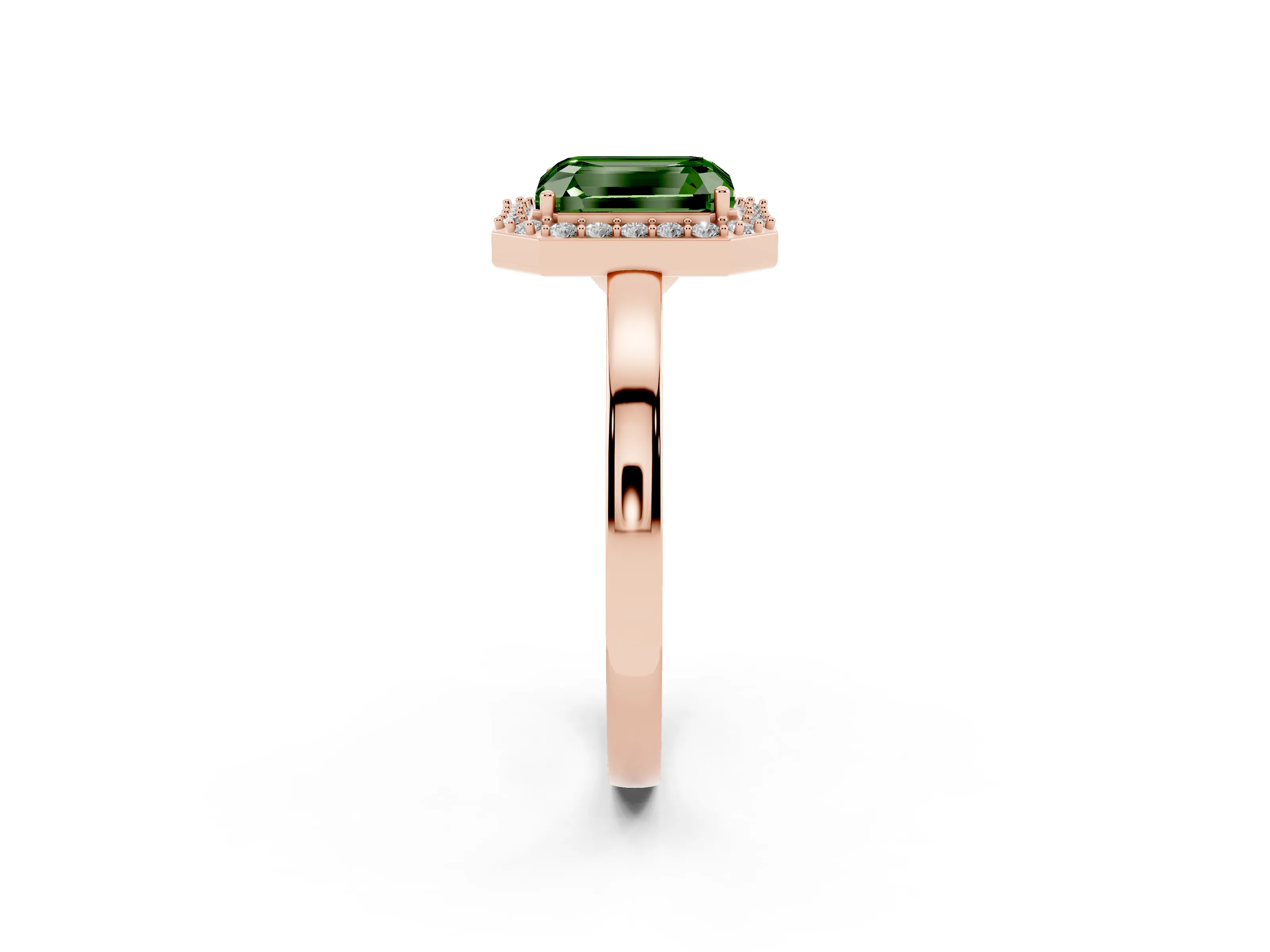 Fancy Green Radiant Cut Diamond Halo Ring Set in Rose gold with Solitaire Band and Prong Setting