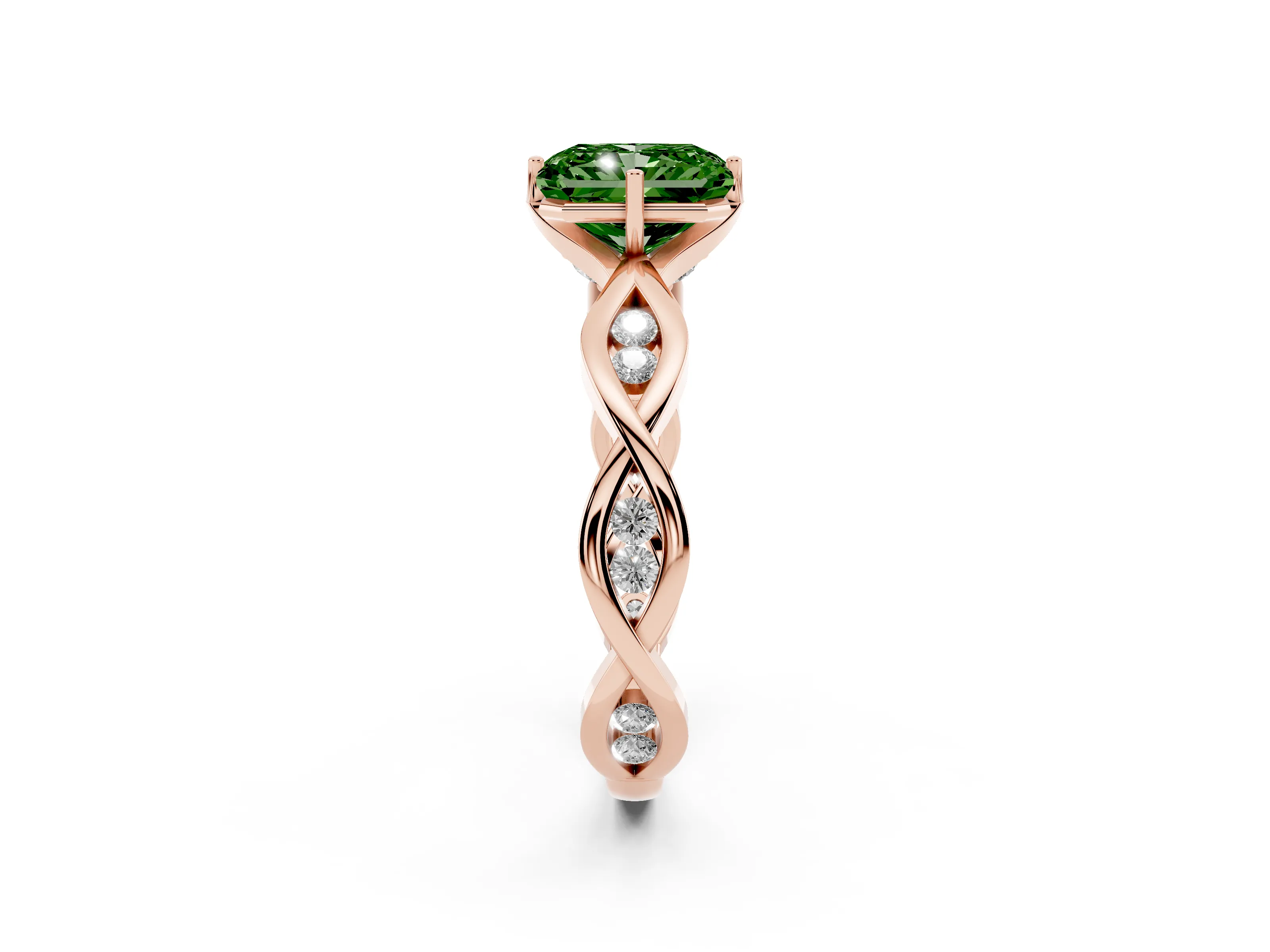 Fancy Green Radiant Cut Diamond Twist Band Solitaire Ring Set in Rose gold with Leaf Prong Setting and Accent Stones