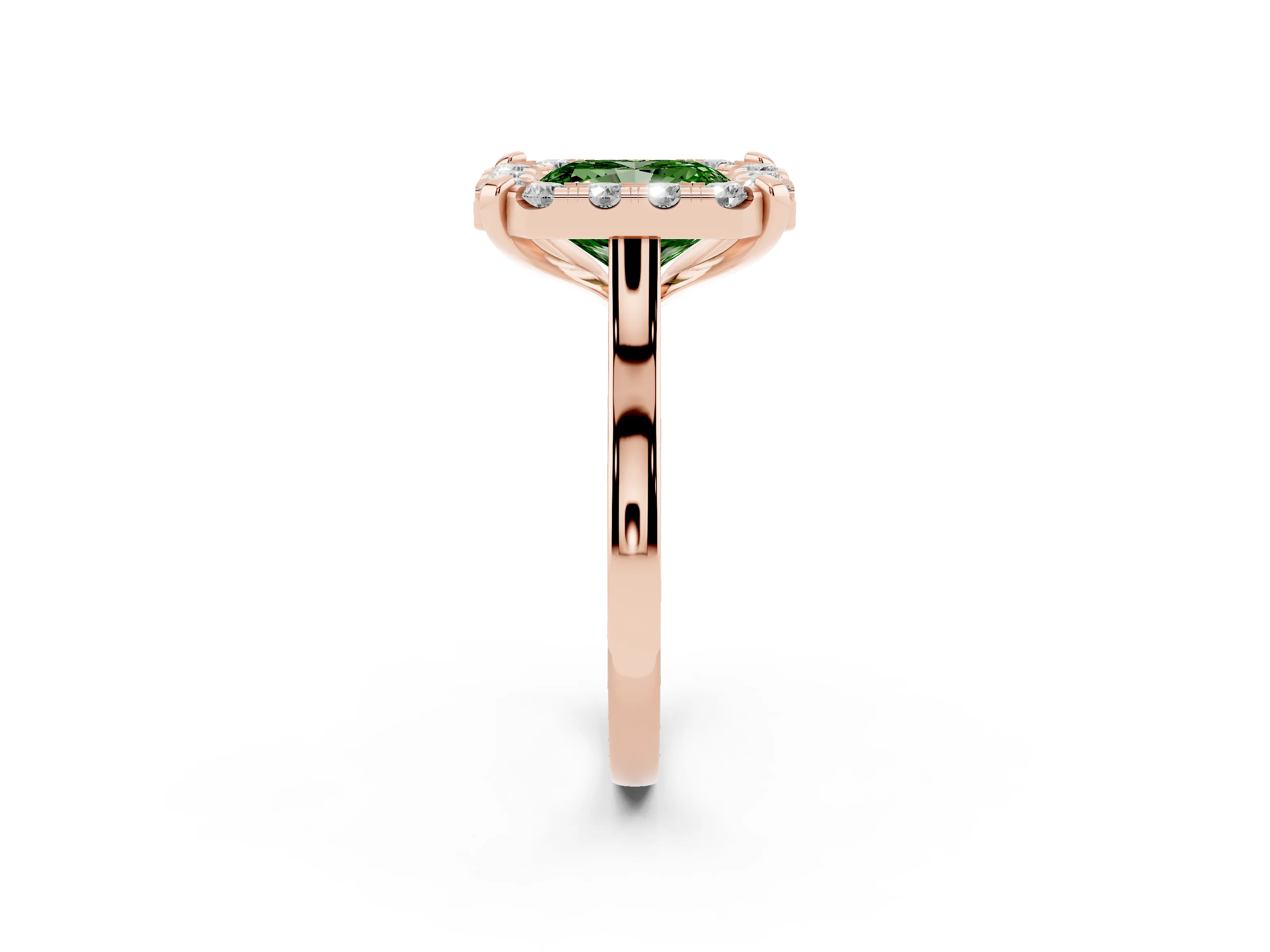 Fancy Green Radiant Cut Diamond Cluster Halo Solitaire Ring Set in Rose gold with Prong Setting