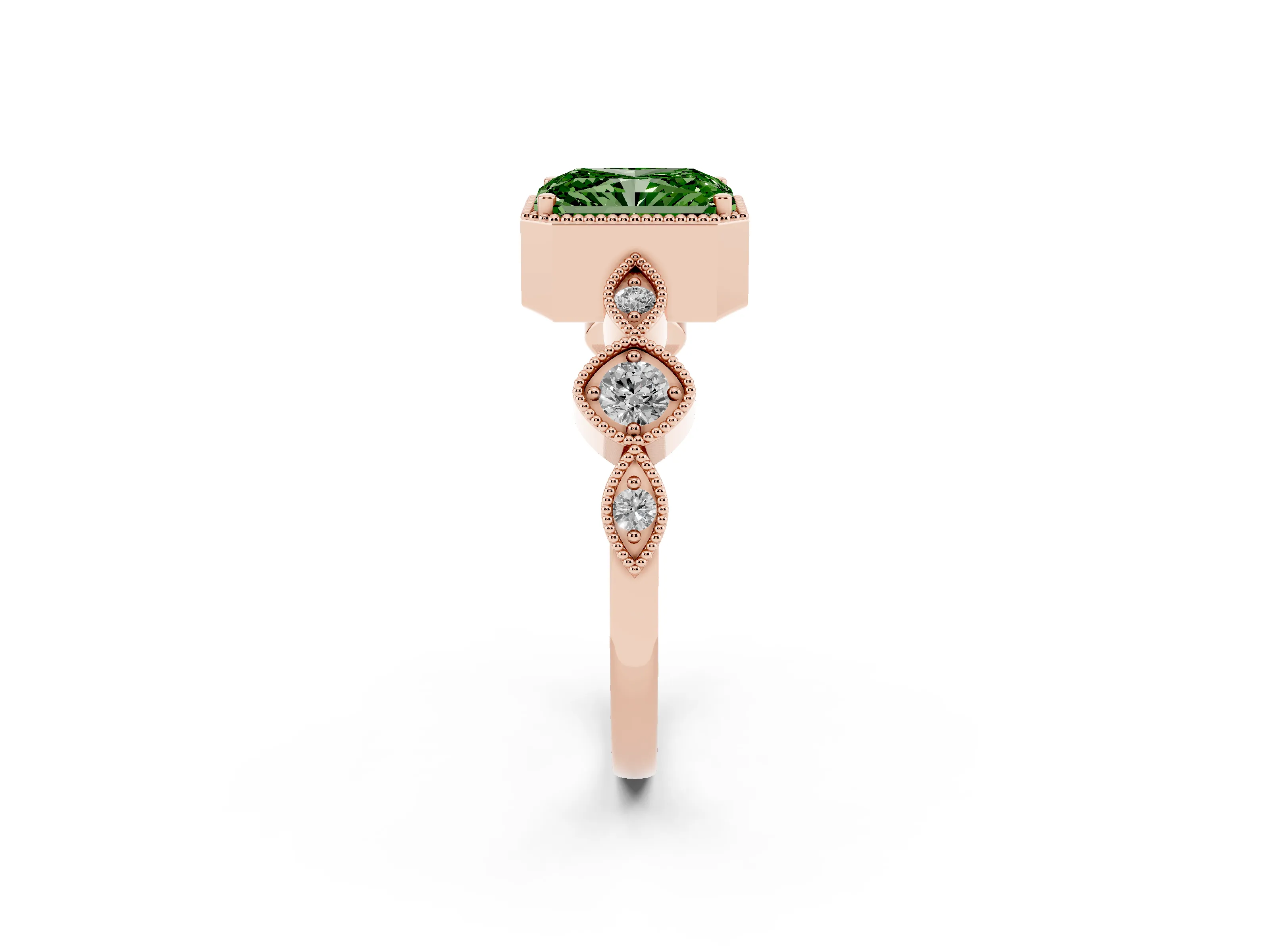 Fancy Green Radiant Cut Diamond Vintage-Inspired Milgrain Ring Set in Rose gold with Marquise Stations of Round Accents
