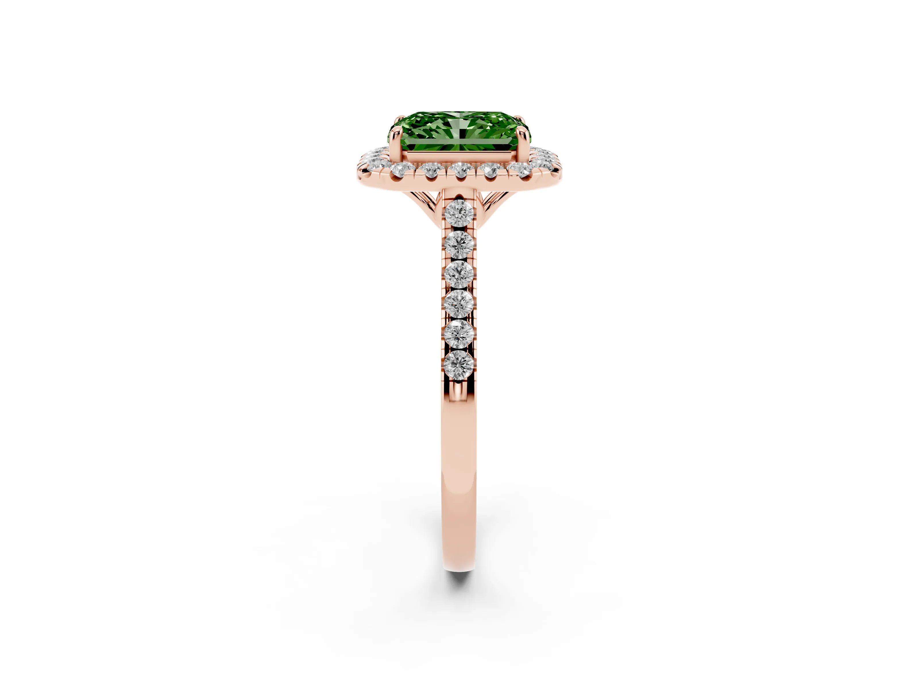 Fancy Green Radiant Cut Diamond Pavé Halo Engagement Ring Set in Rose gold with Pavé Band and Prong Setting