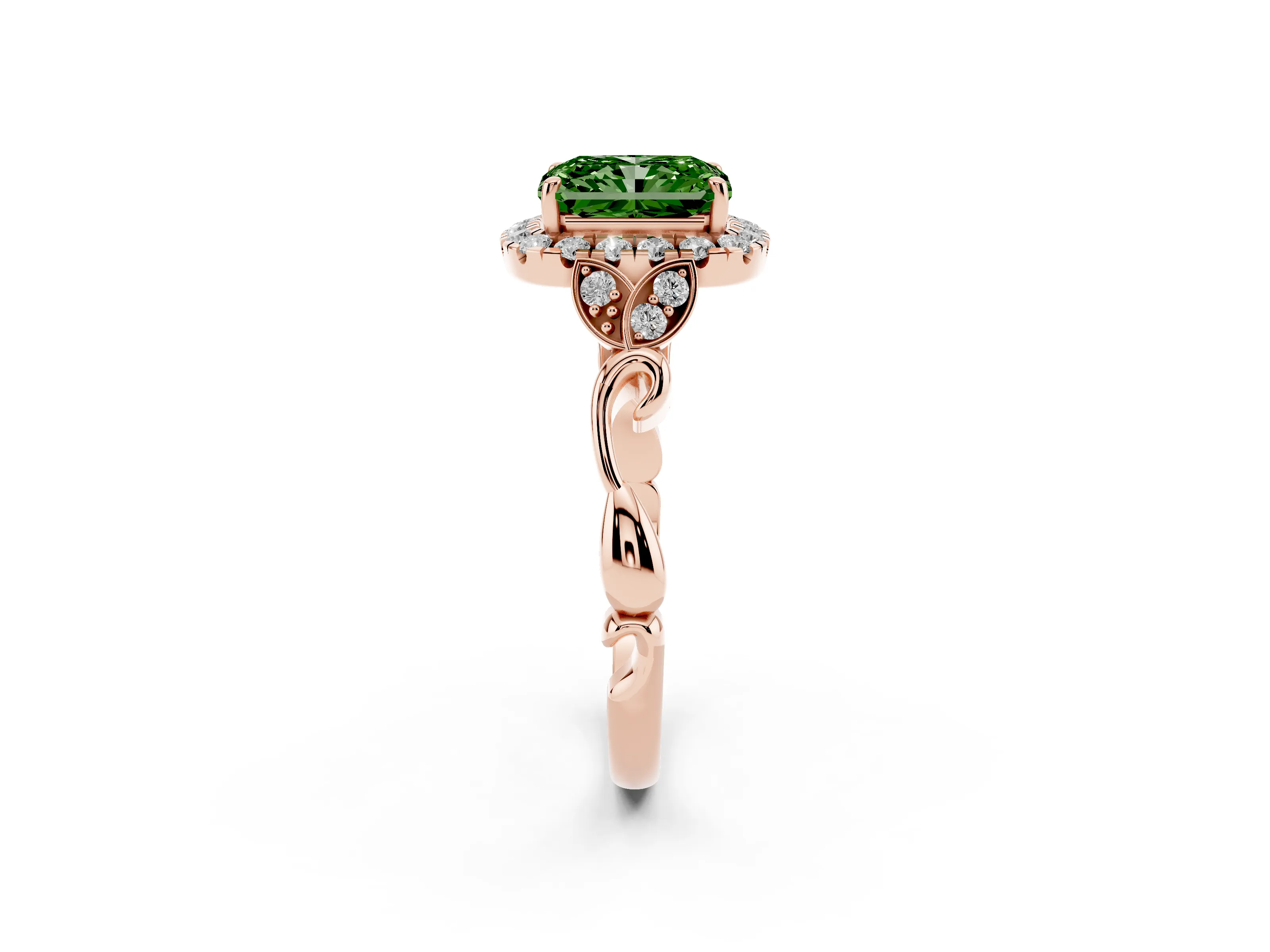 Fancy Green Radiant Cut Diamond Halo Engagement Ring Set in Rose gold with Vintage-Inspired Band and Prong Setting