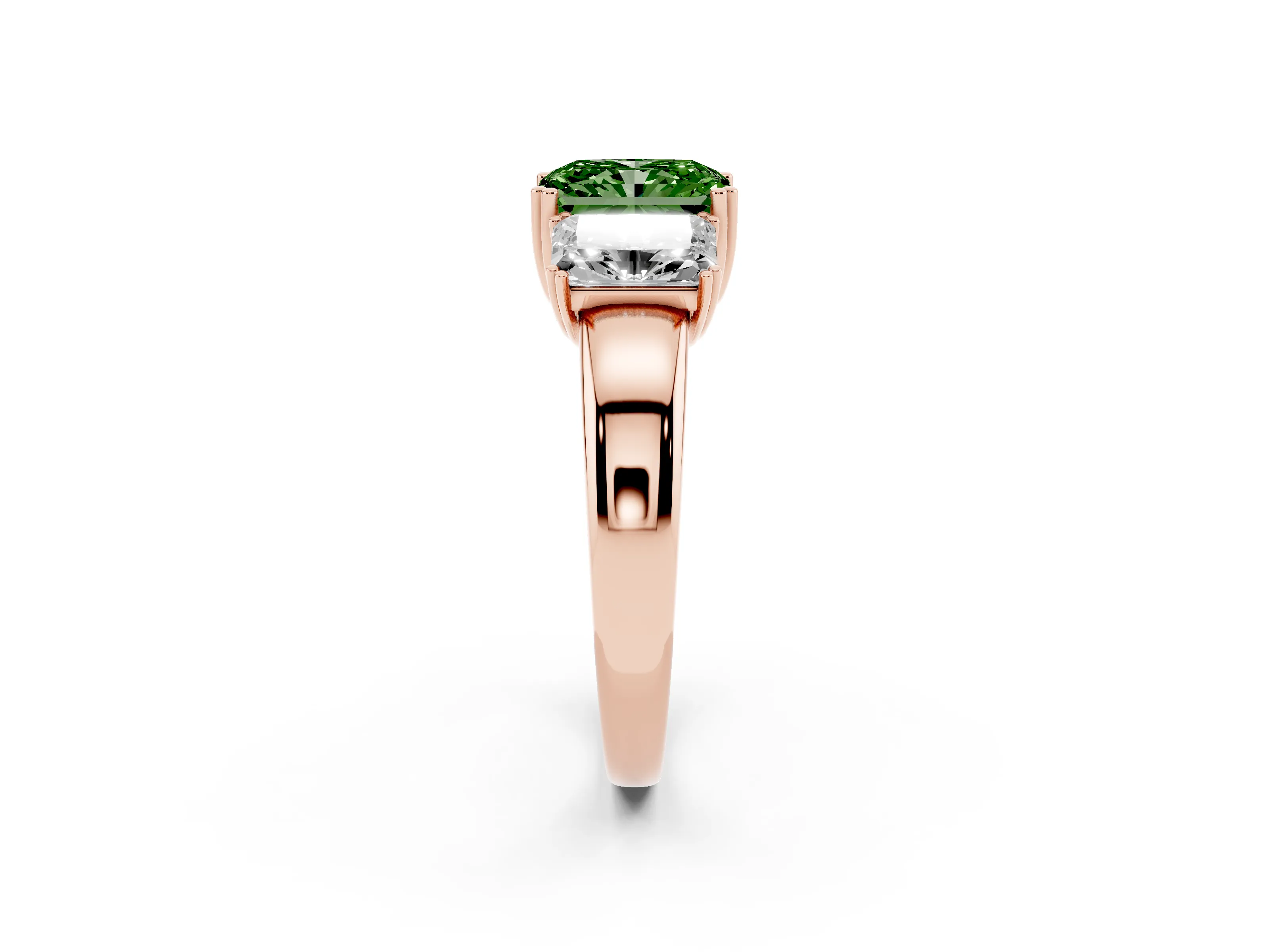 Fancy Green Radiant Cut Diamond Three-Stone Ring Set in Rose gold with Polished Channel-Set Band